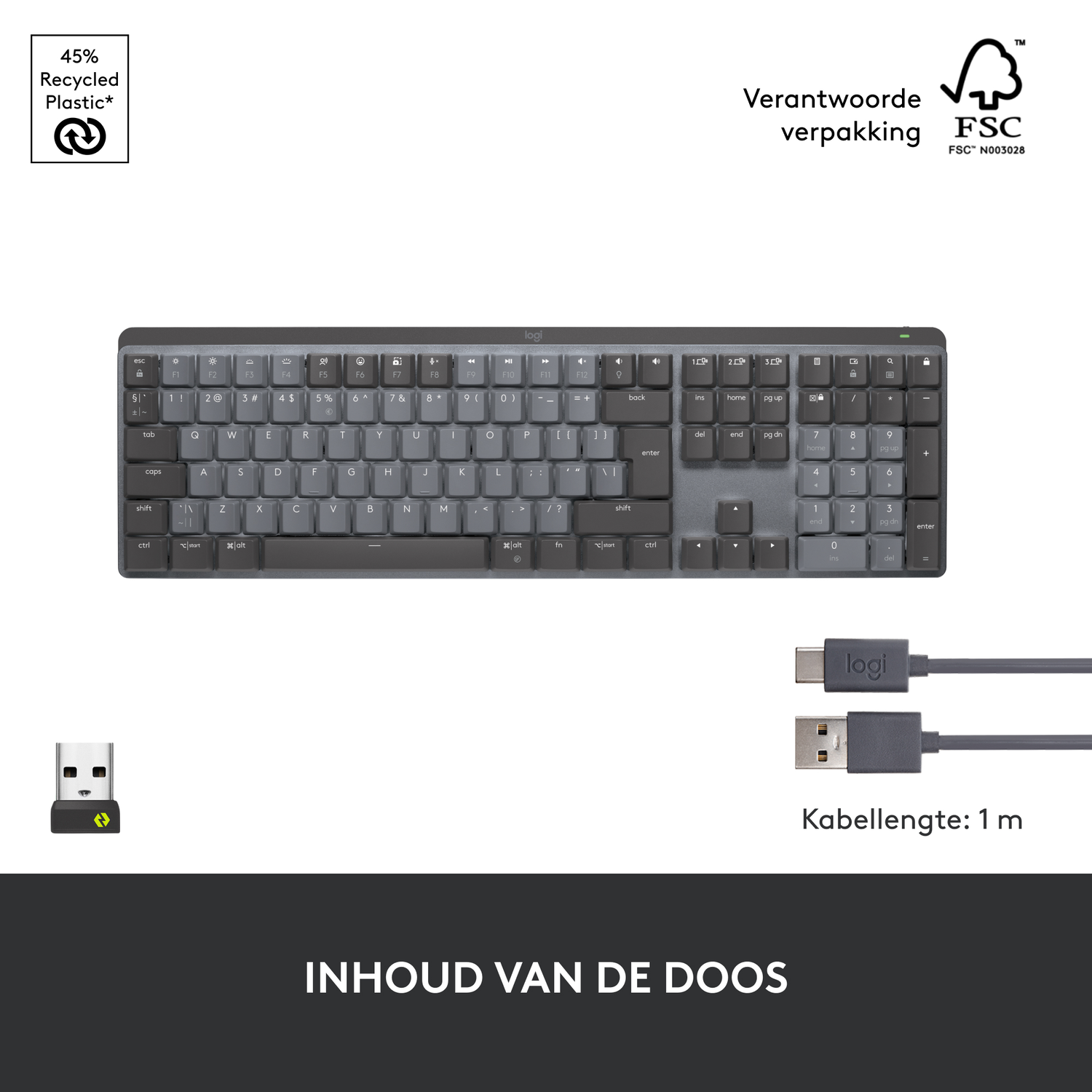 Black and gray keyboard with a USB receiver and cable. The keyboard has a 'logi' logo.