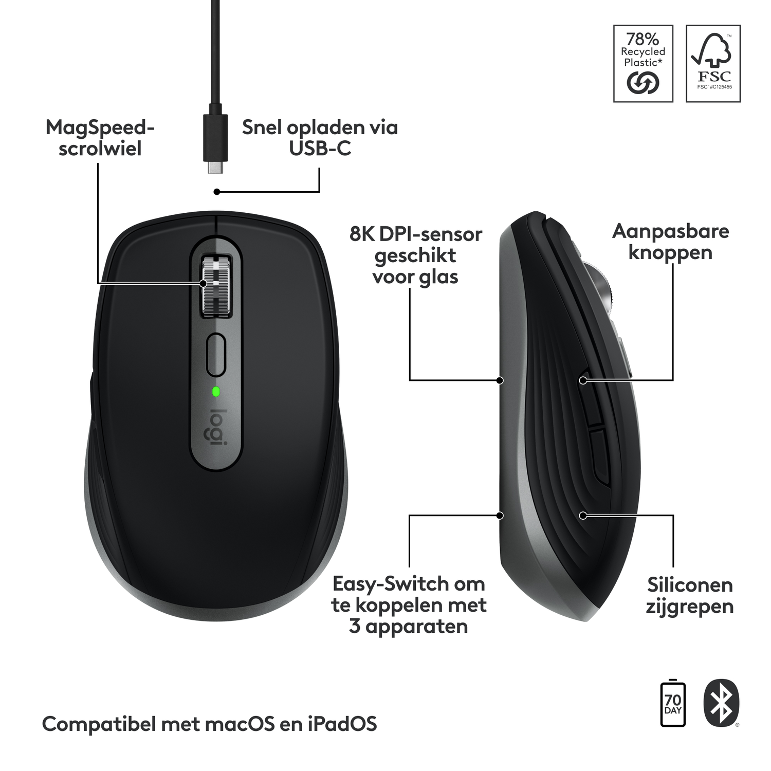 Black Logitech mouse with labels and details.