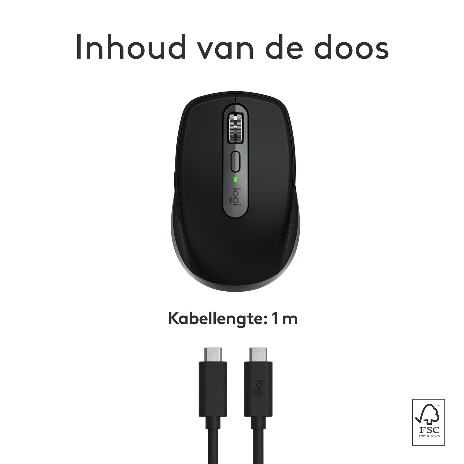 Black Logitech mouse and a USB-C cable. Text: Content of the box, cable length 1 m.