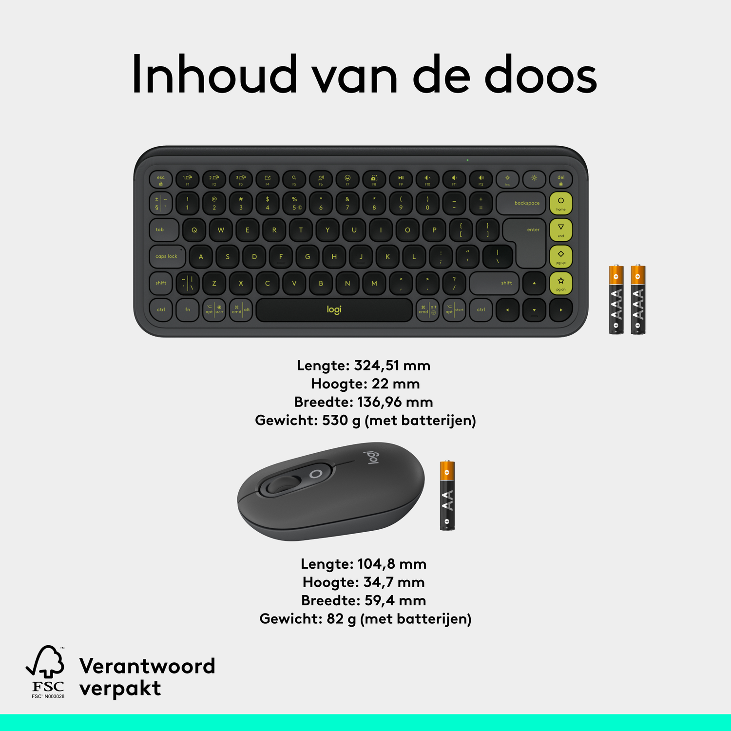 Een toetsenbord- en muisstel. Het toetsenbord is zwart met gele toetsen. Twee batterijen staan rechts.