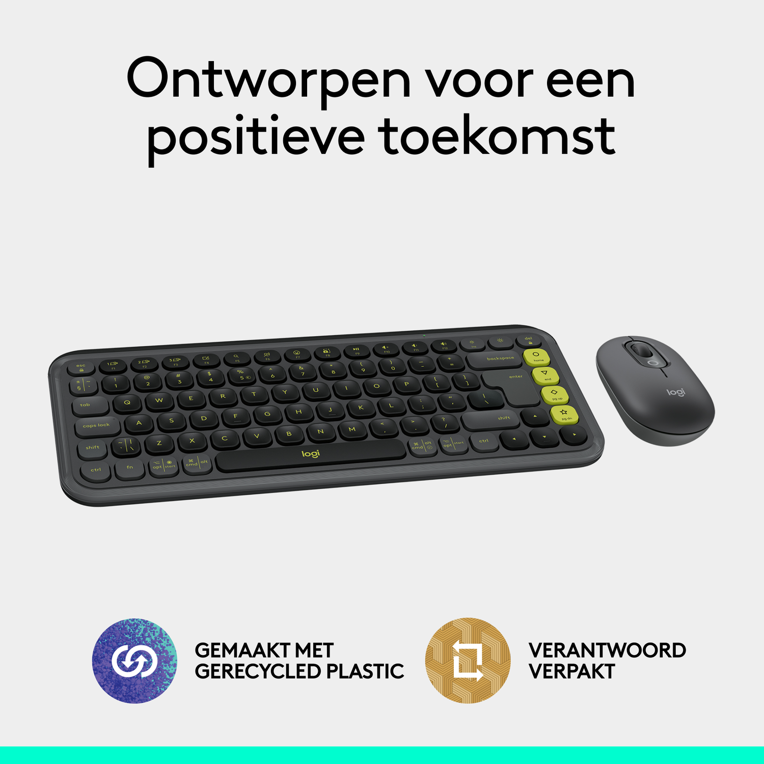 Een toetsenbord en muis op een witte achtergrond. Het toetsenbord is grijs met groene toetsen en de muis is grijs.