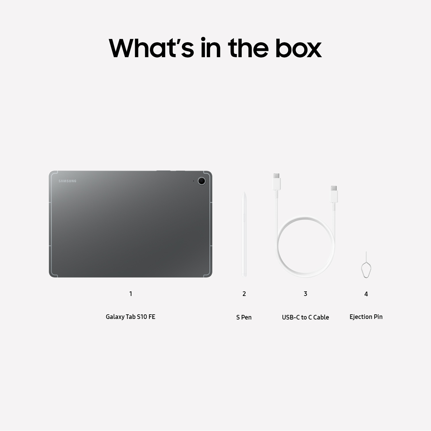 Box with tablet, S Pen, USB-C cable, and ejection pin.