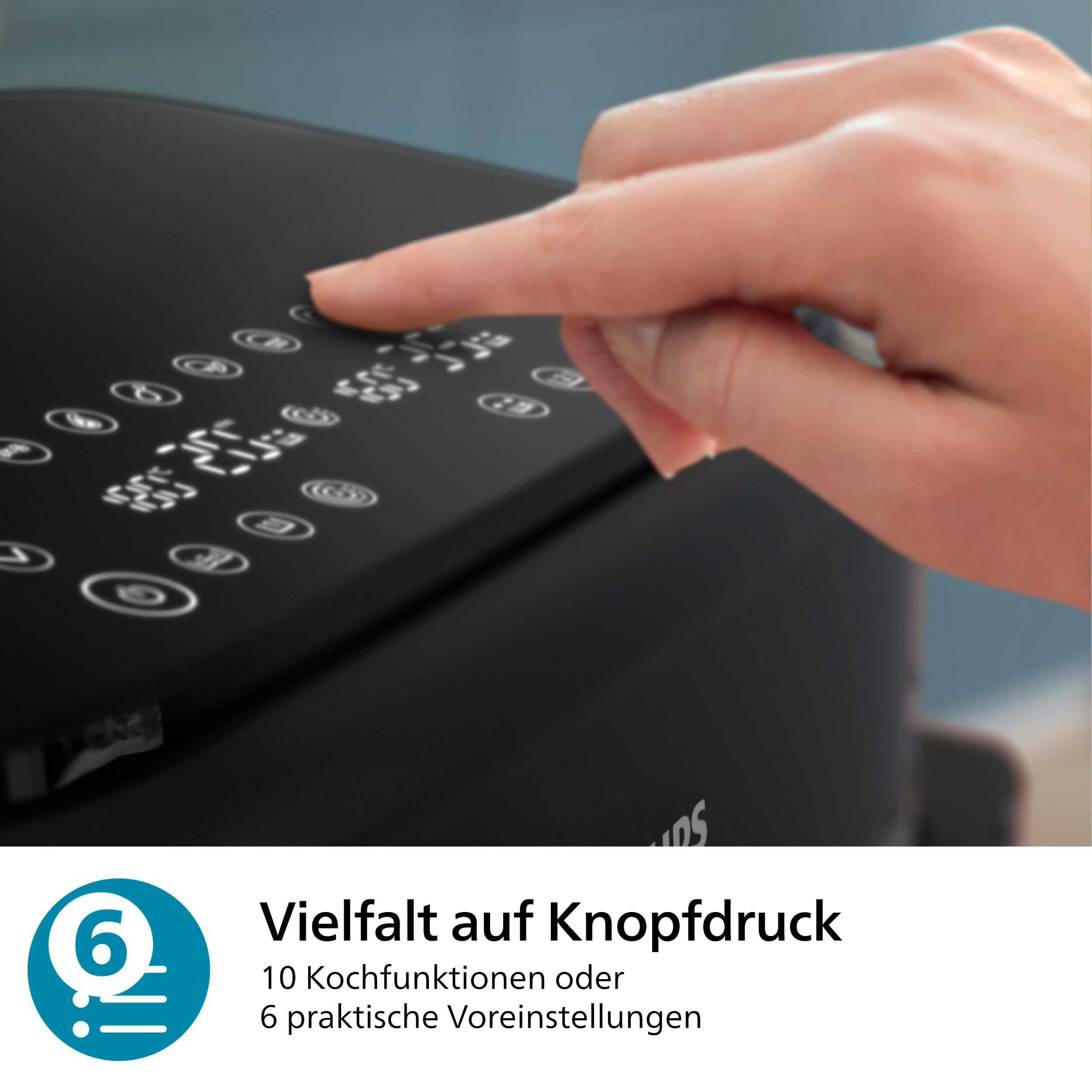 Eine Hand berührt ein schwarzes Bedienfeld mit beleuchteten Symbolen.