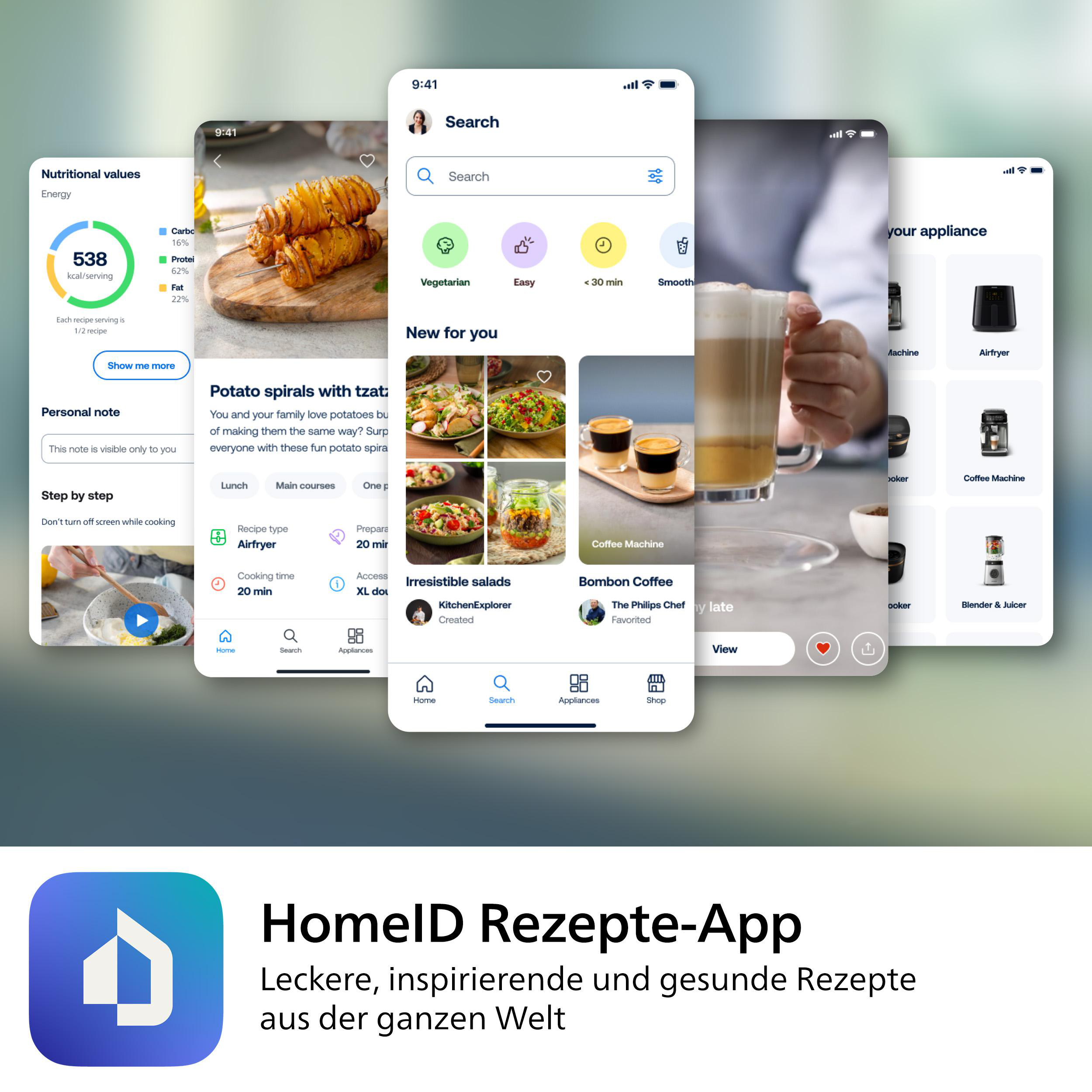 Screenshots einer Rezept-App auf verschiedenen Geräten. Zeigt Essensbilder und Suchoptionen.