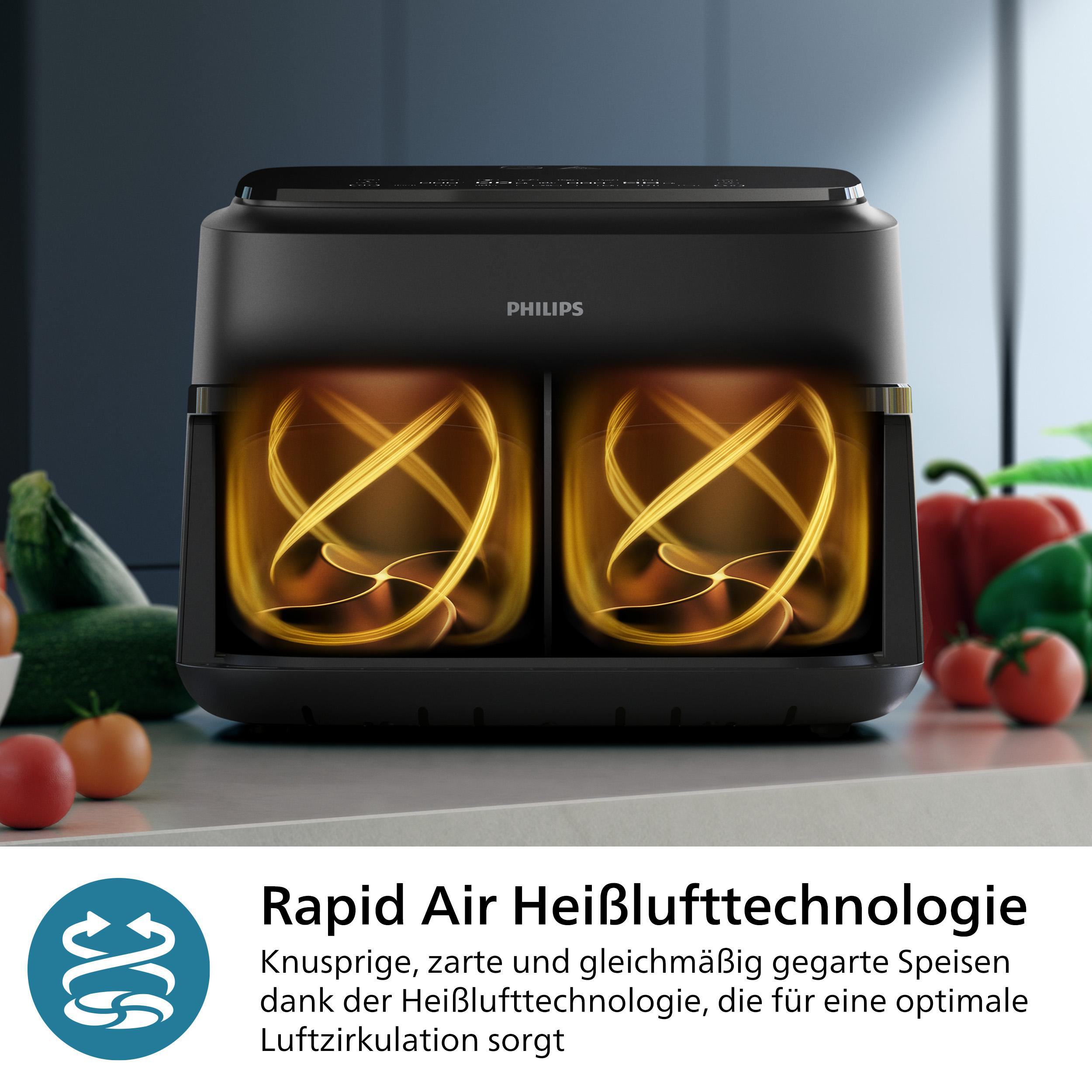 Schwarze Philips Heißluftfritteuse, mit zwei Fächern, Essen sichtbar, mit Text.