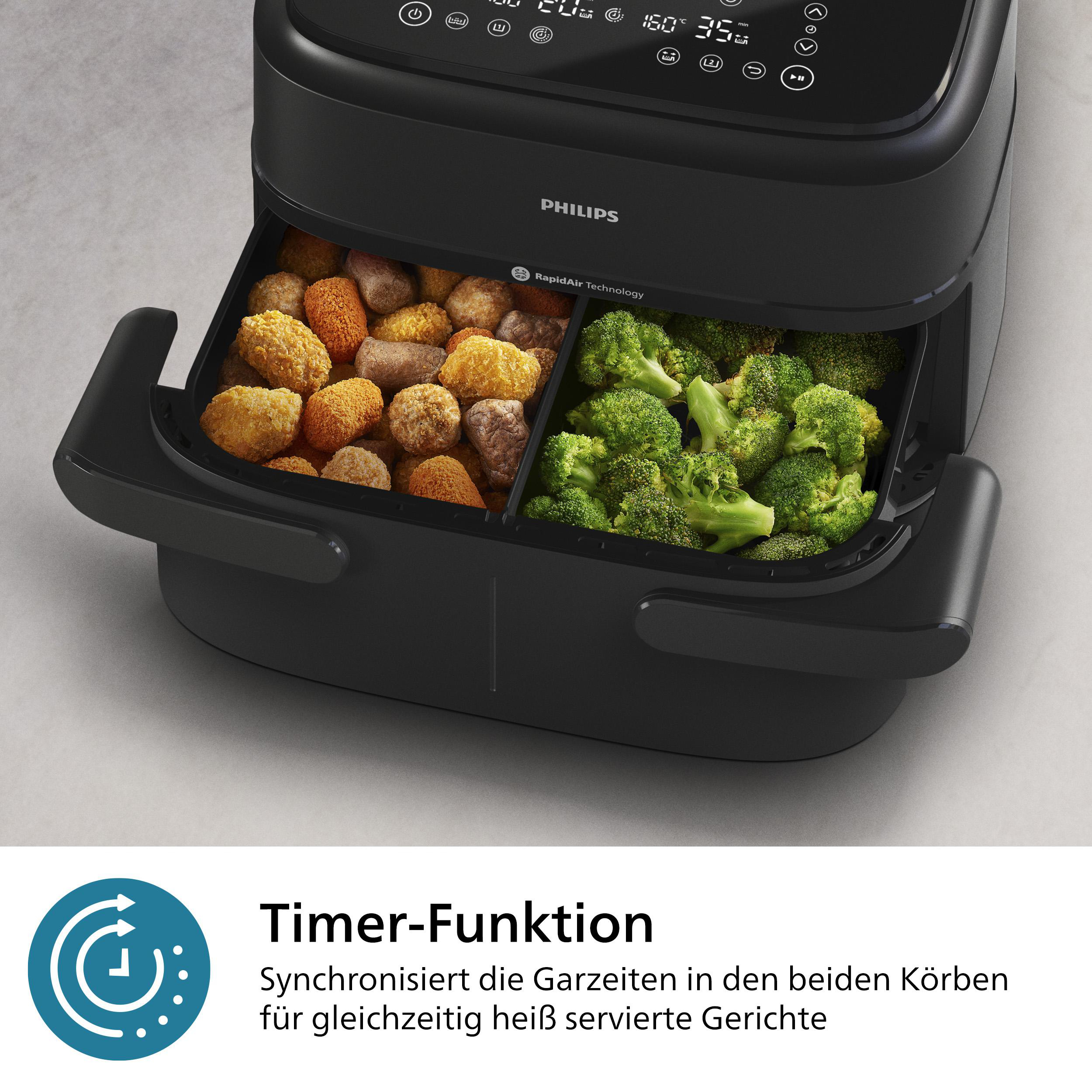 Schwarze Heißluftfritteuse mit zwei Fächern. Eines enthält Fleischbällchen, das andere Brokkoli.