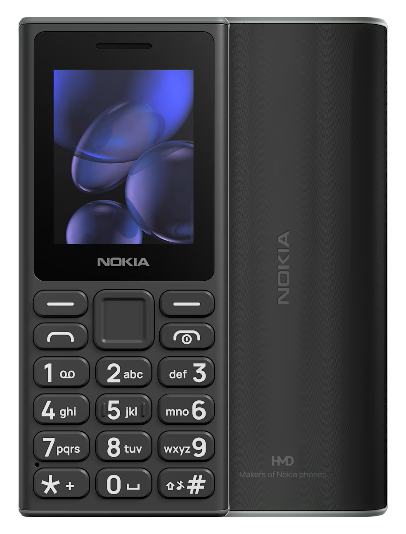 Telefon Nokia z klawiaturą, czarny, z ekranem pokazującym fioletowe kule. Czarne tło.