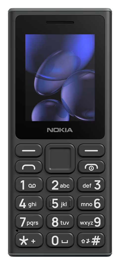 Czarny telefon Nokia z przyciskami i ekranem wyświetlającym rozmyty obraz.