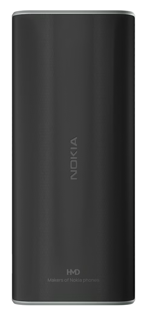 Ciemnoszary, cylindryczny power bank Nokia z logo Nokia.