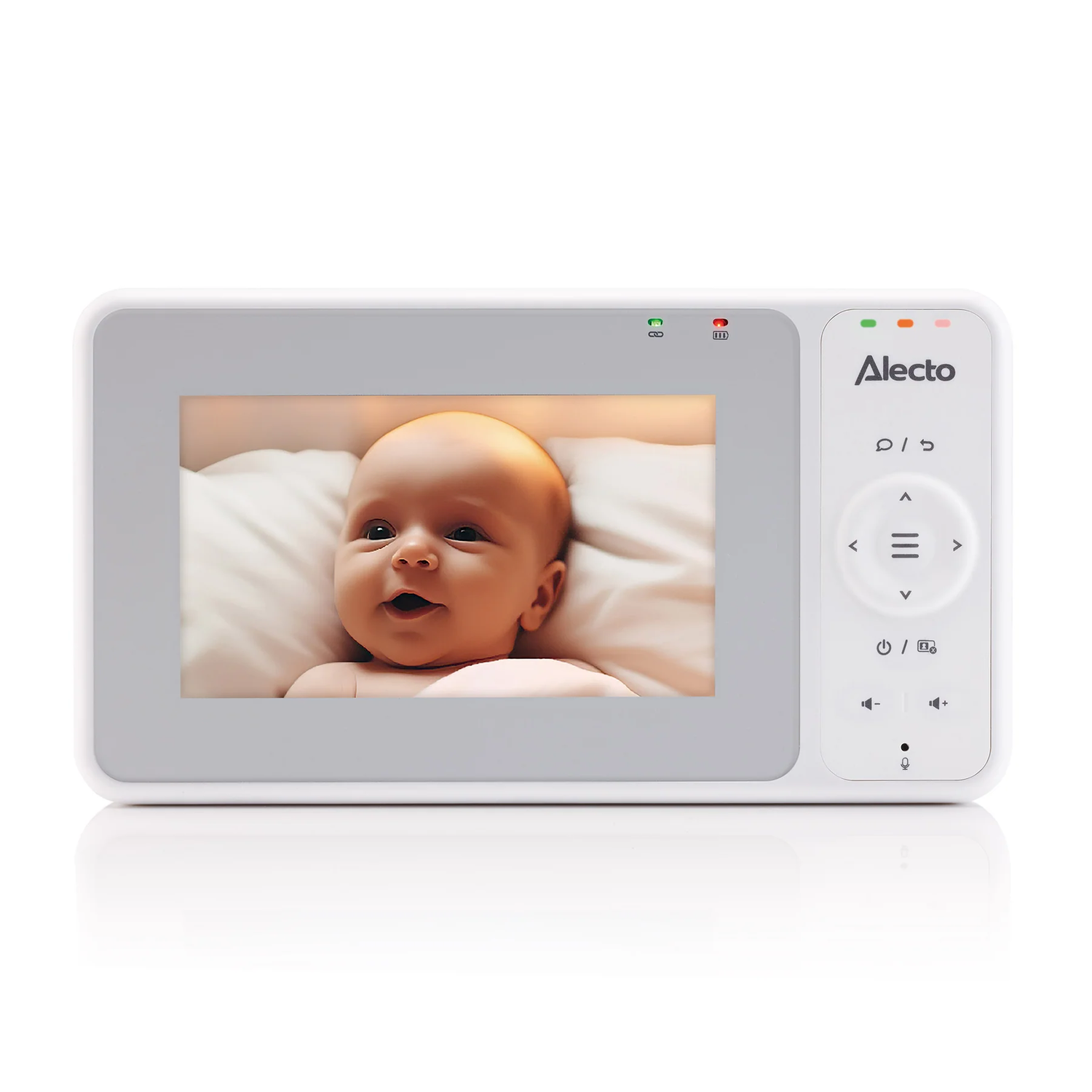 A baby monitor showing a baby on the screen, with buttons and indicators on the right.