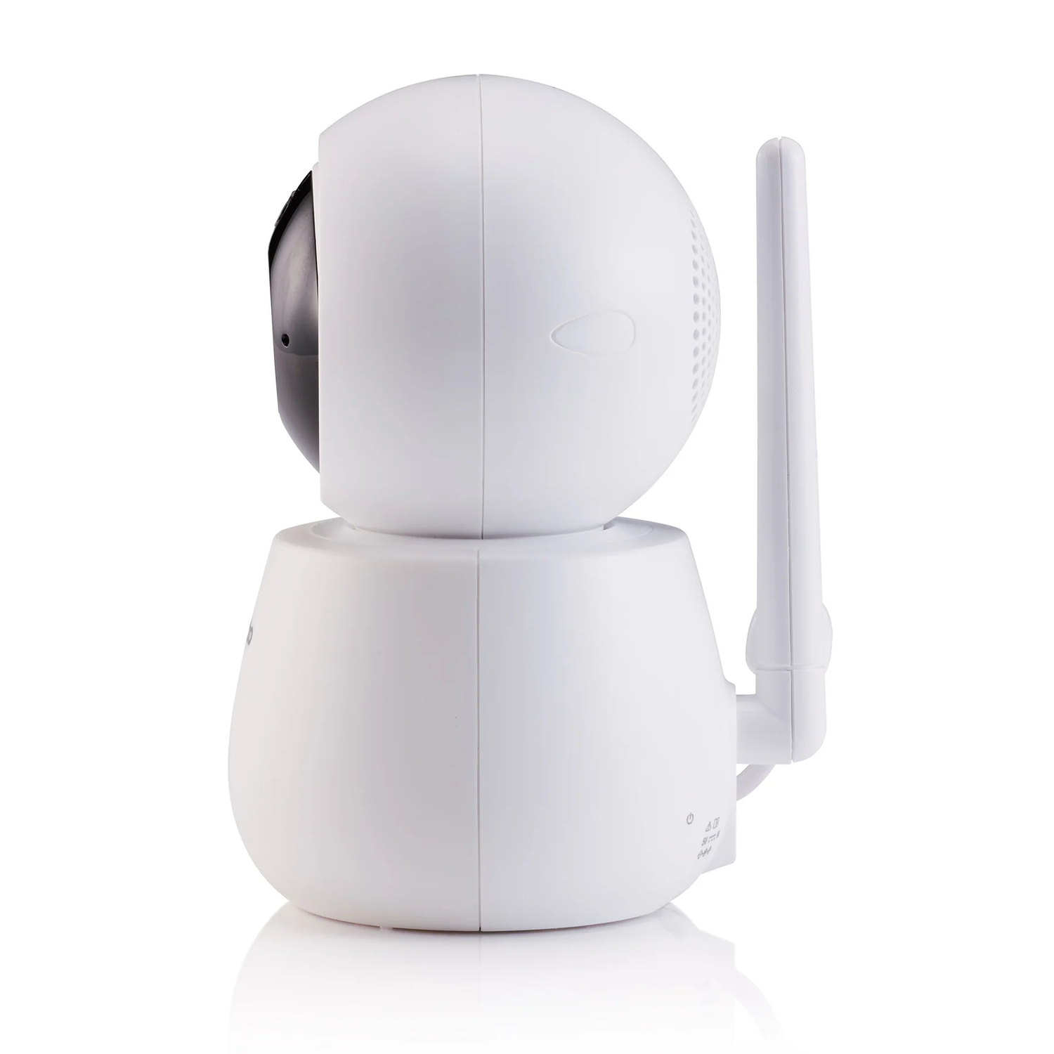 White security camera with black lens and antenna. It is on a white background.