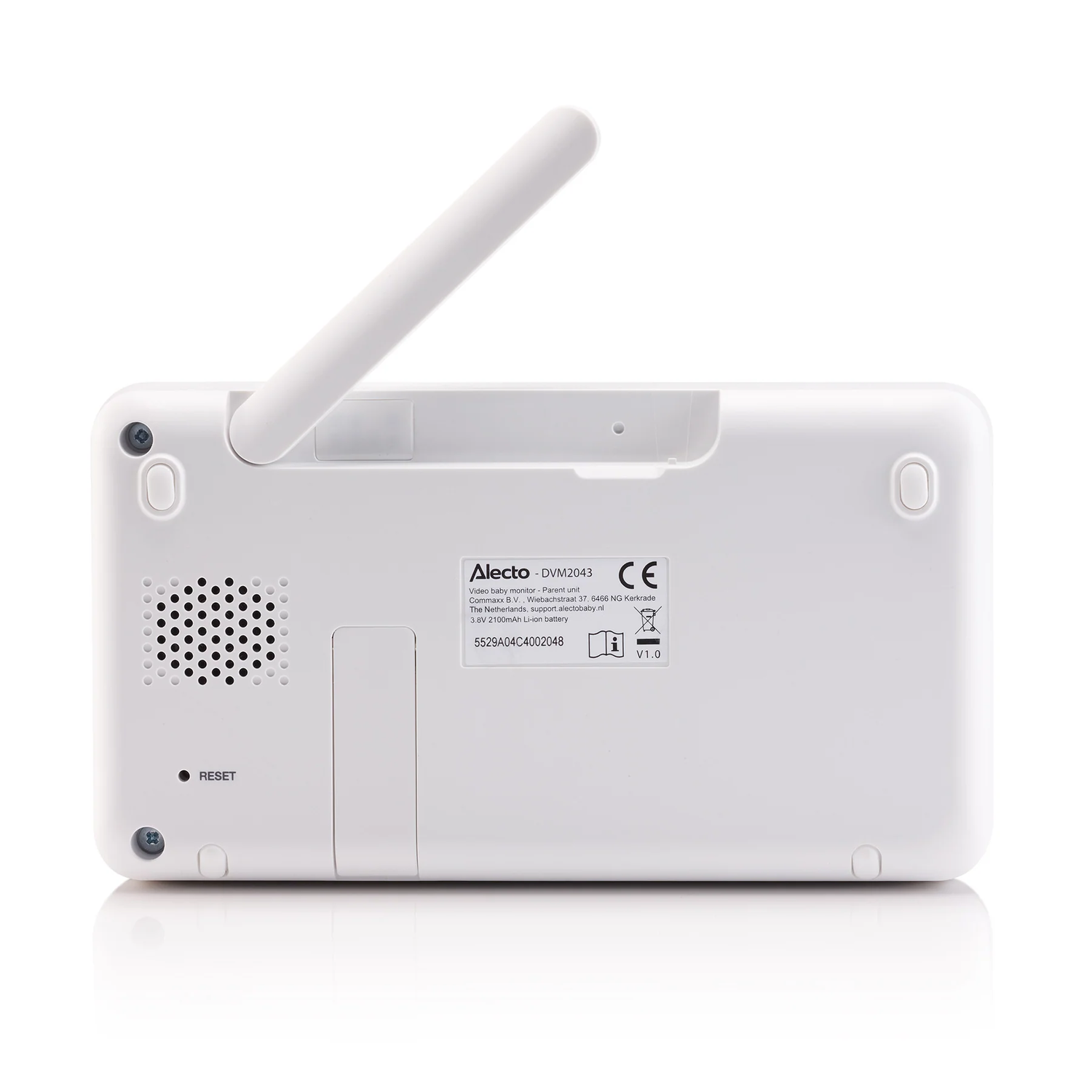 White baby monitor back with antenna and labels.