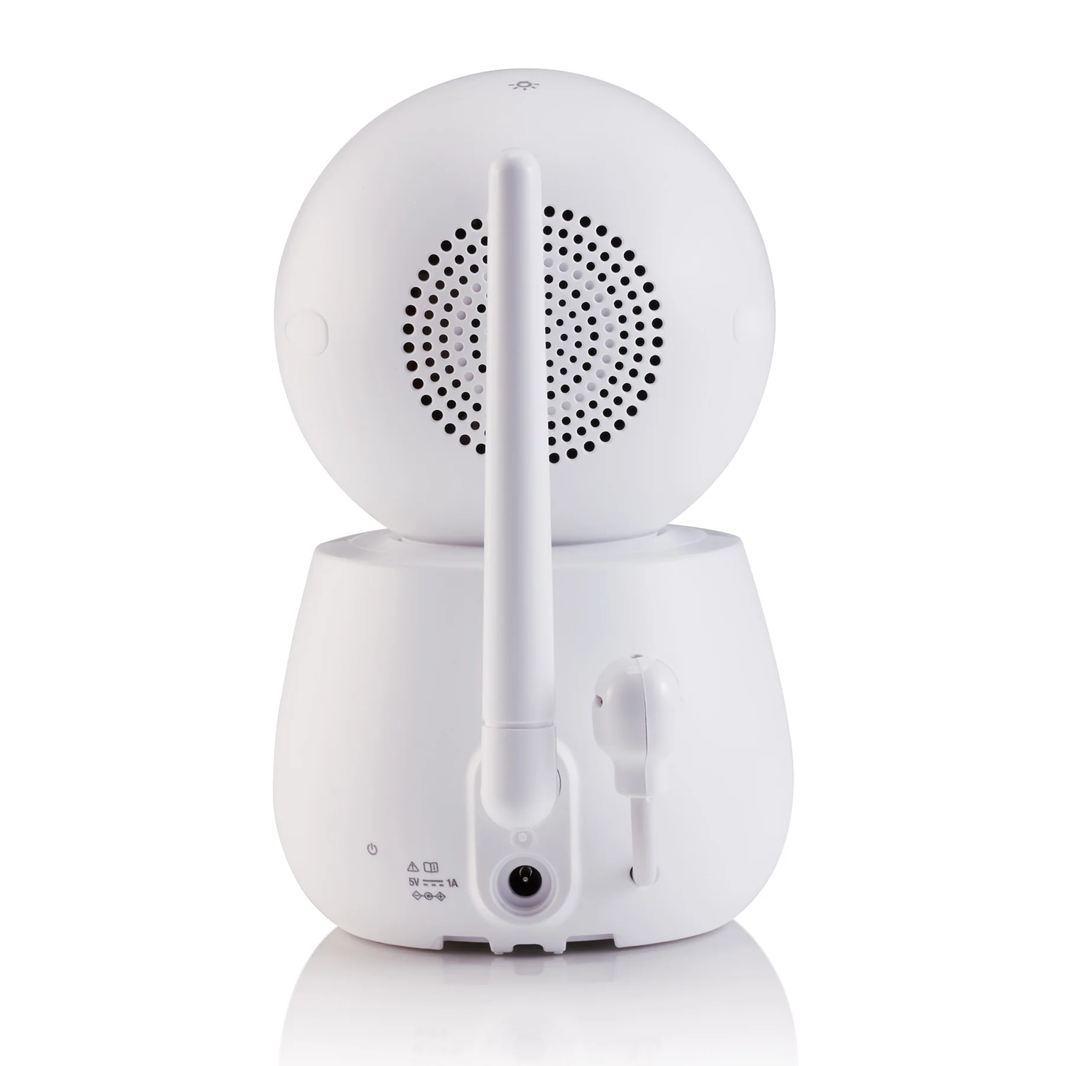 White baby monitor, back view. Antenna and power cord. Perforated speaker area.