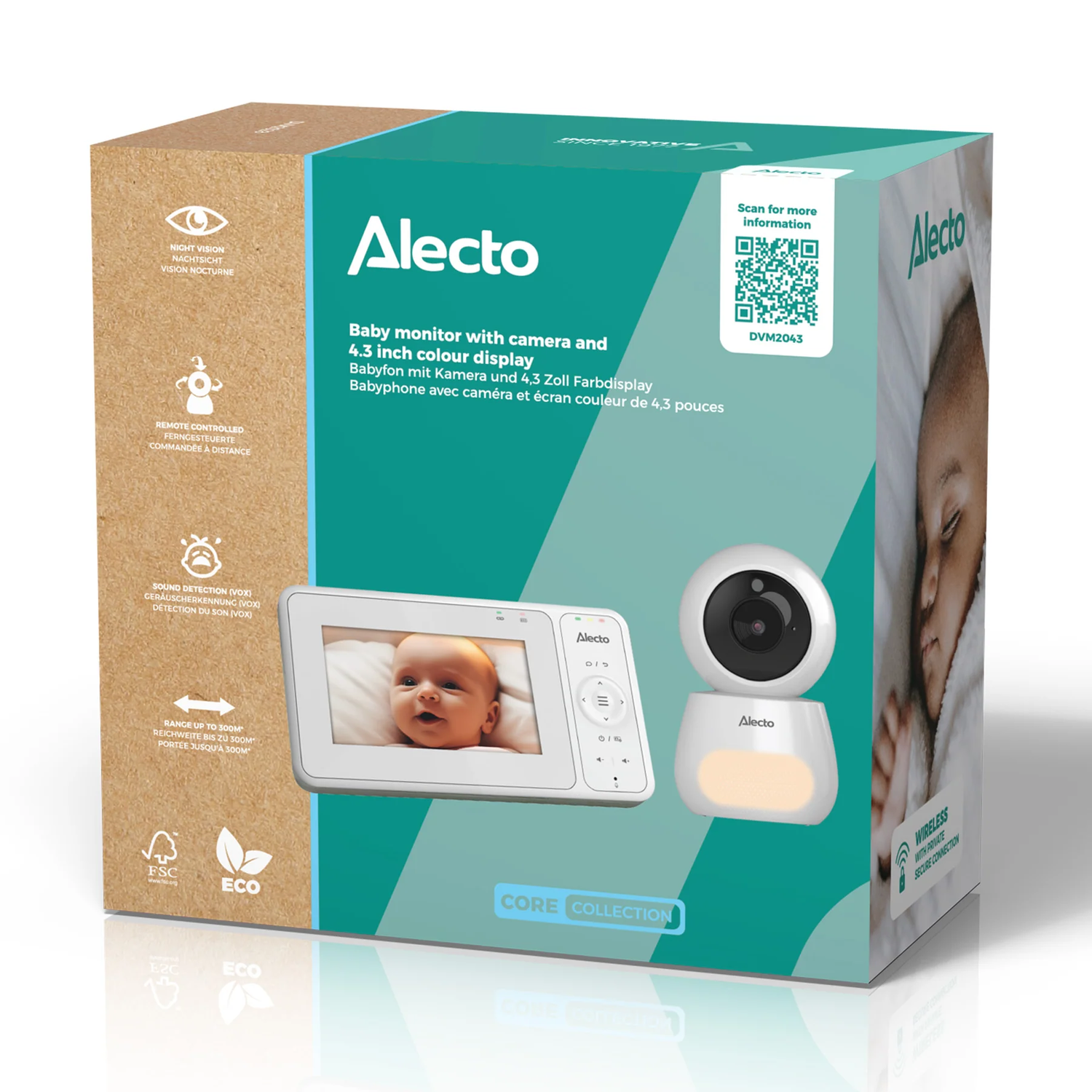Baby monitor box with camera, display, and product information.