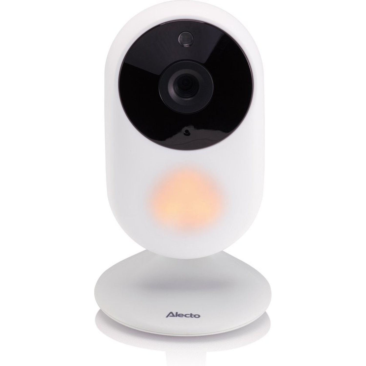 White baby monitor with a black lens, and a warm light below.