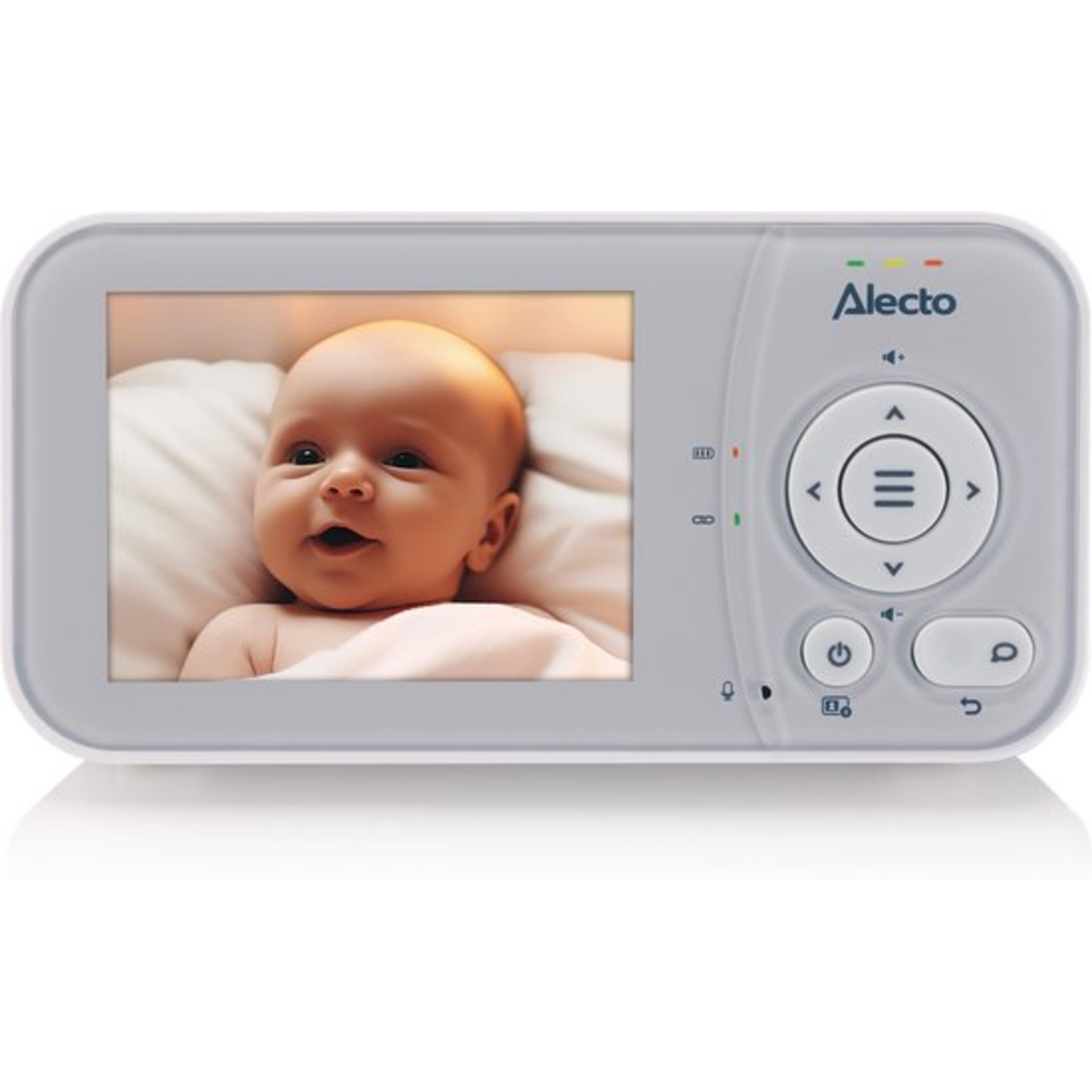 A baby monitor with a screen showing a baby. The monitor has buttons and a logo.