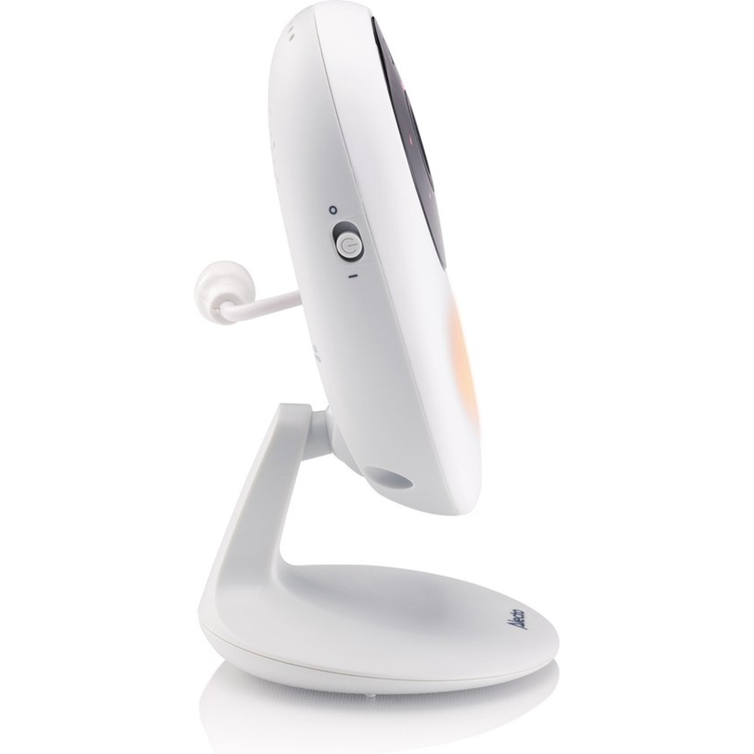 A white baby monitor with a screen, on a white stand. The monitor is angled to the side.