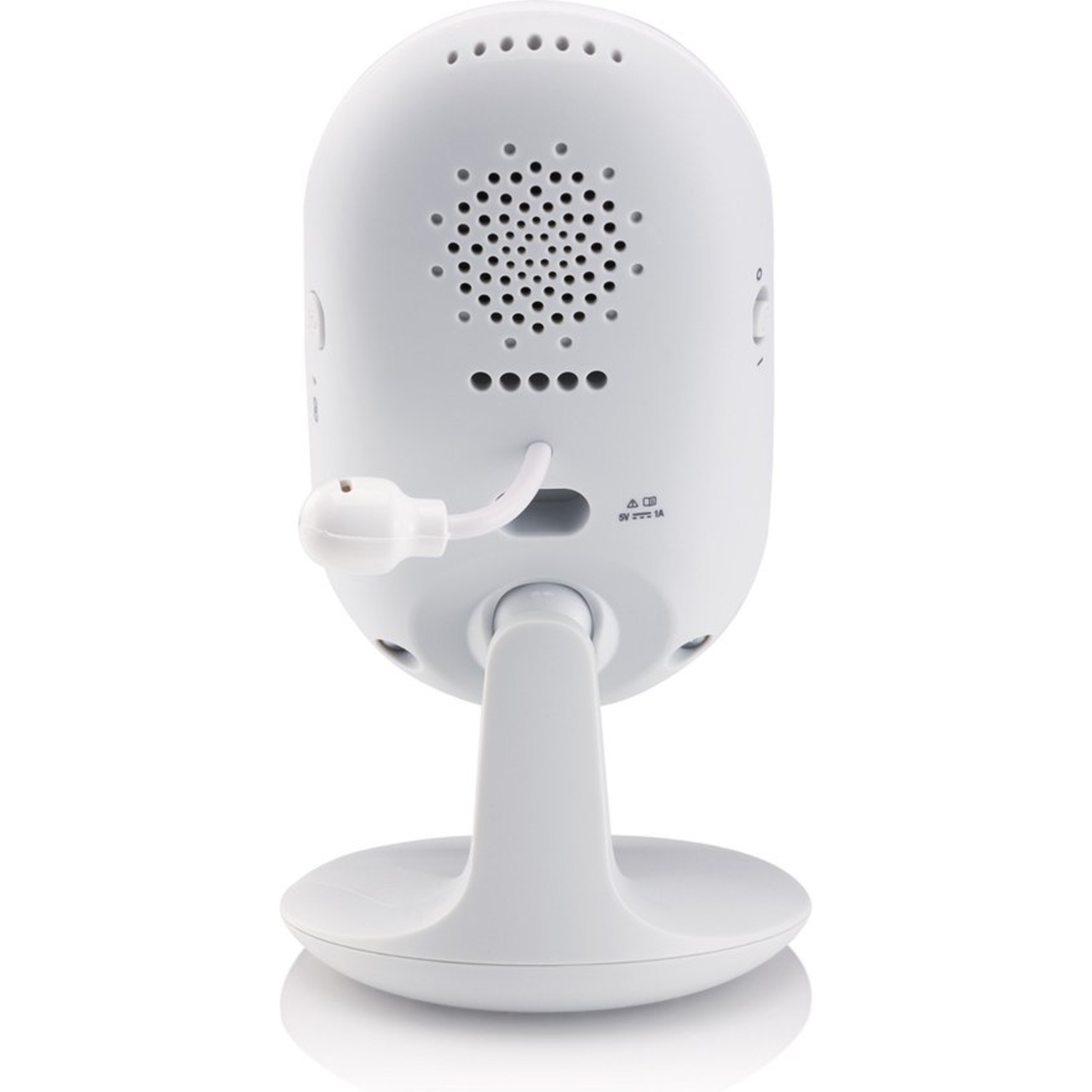 A white baby monitor, showing the back of the device.