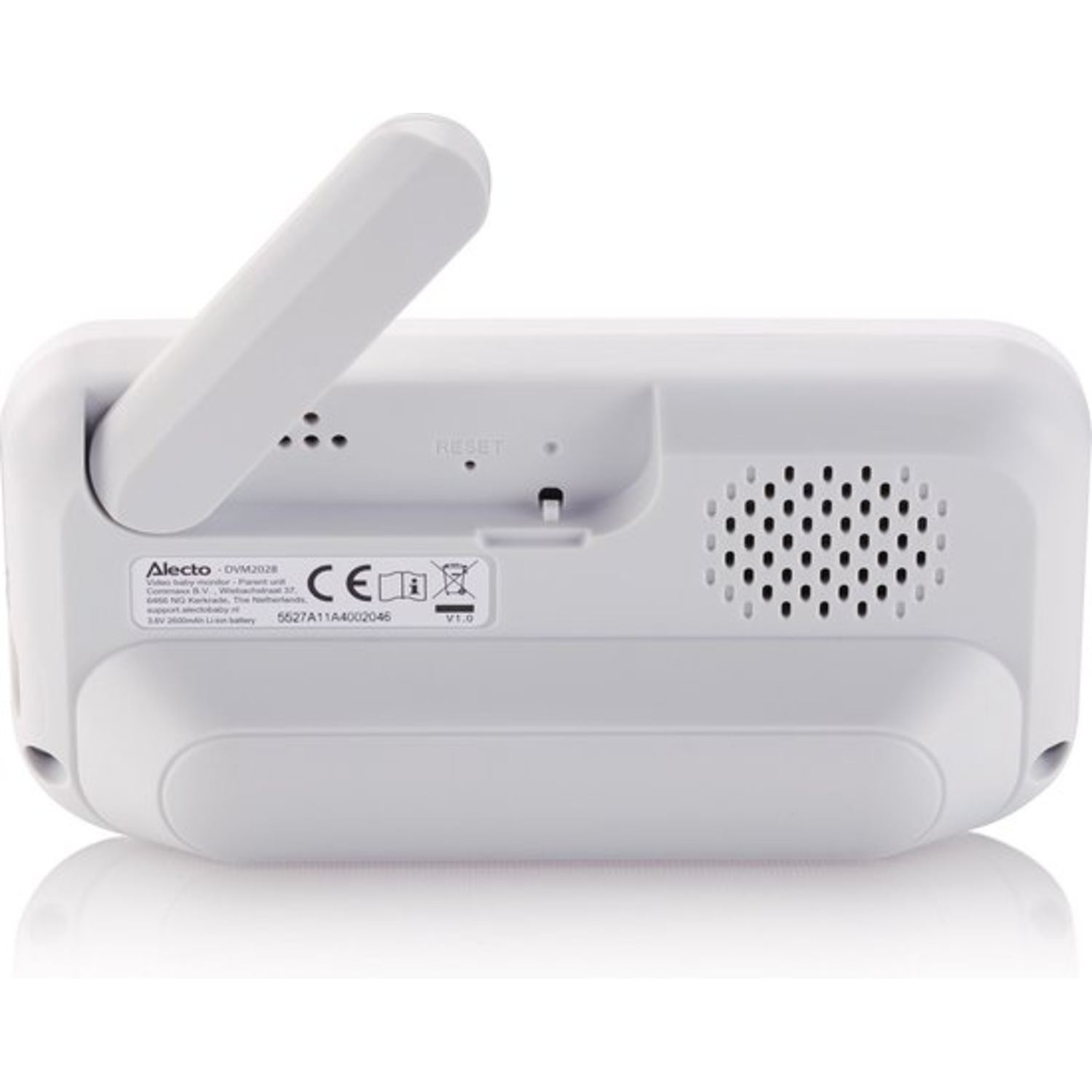 The back of a white baby monitor. It has a stand and multiple small holes for sound.