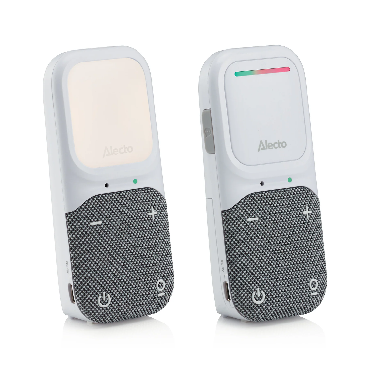 Two white baby monitors. One with light on, the other with a red light, both with buttons.