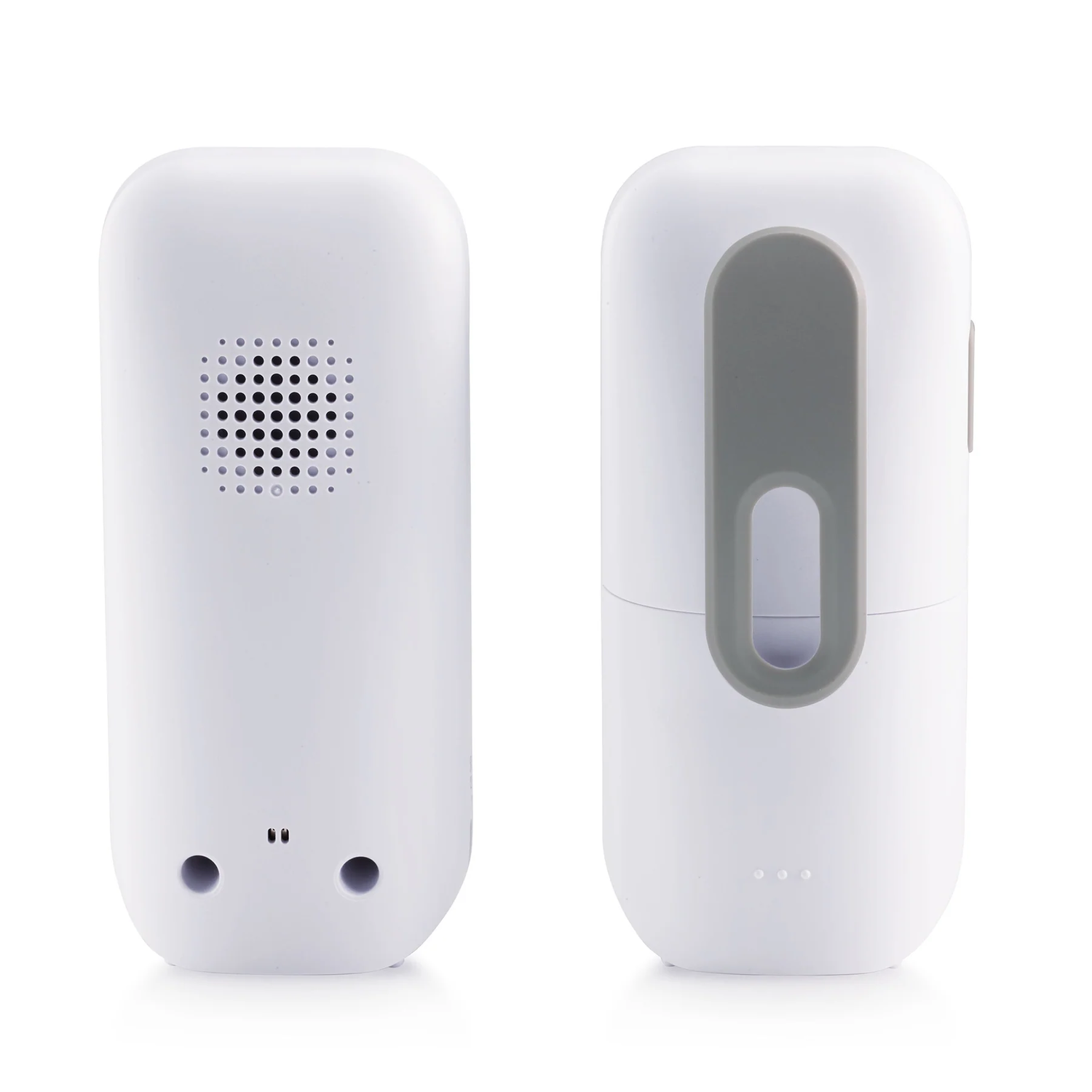 Two white rectangular devices. One has holes and the other has a gray strip.
