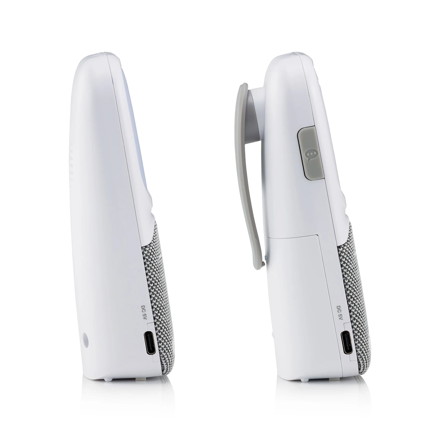 Two white baby monitors, side view, one with clip, white background.