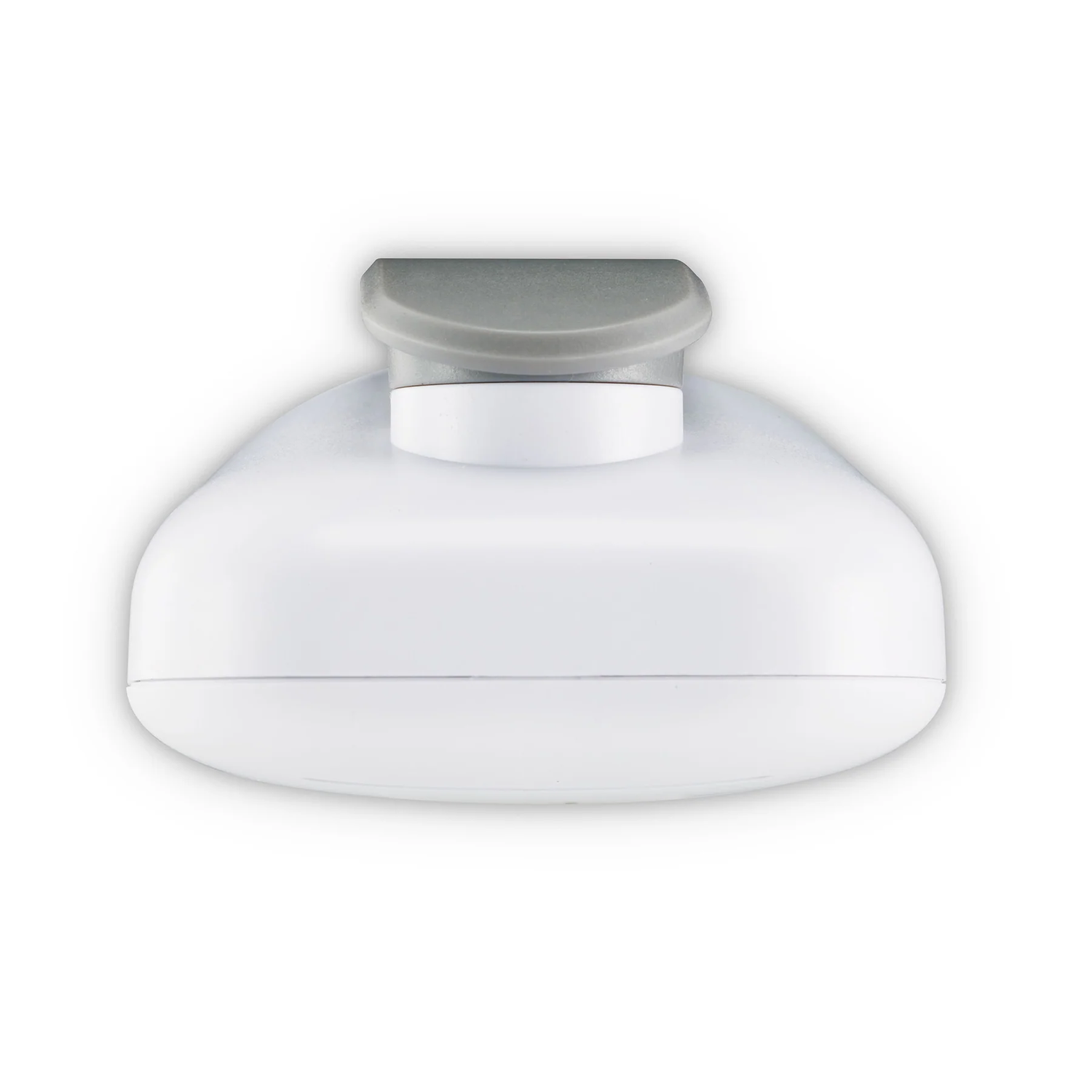 White and gray, top-down view of a soap dispenser with a gray top and a rounded white body.
