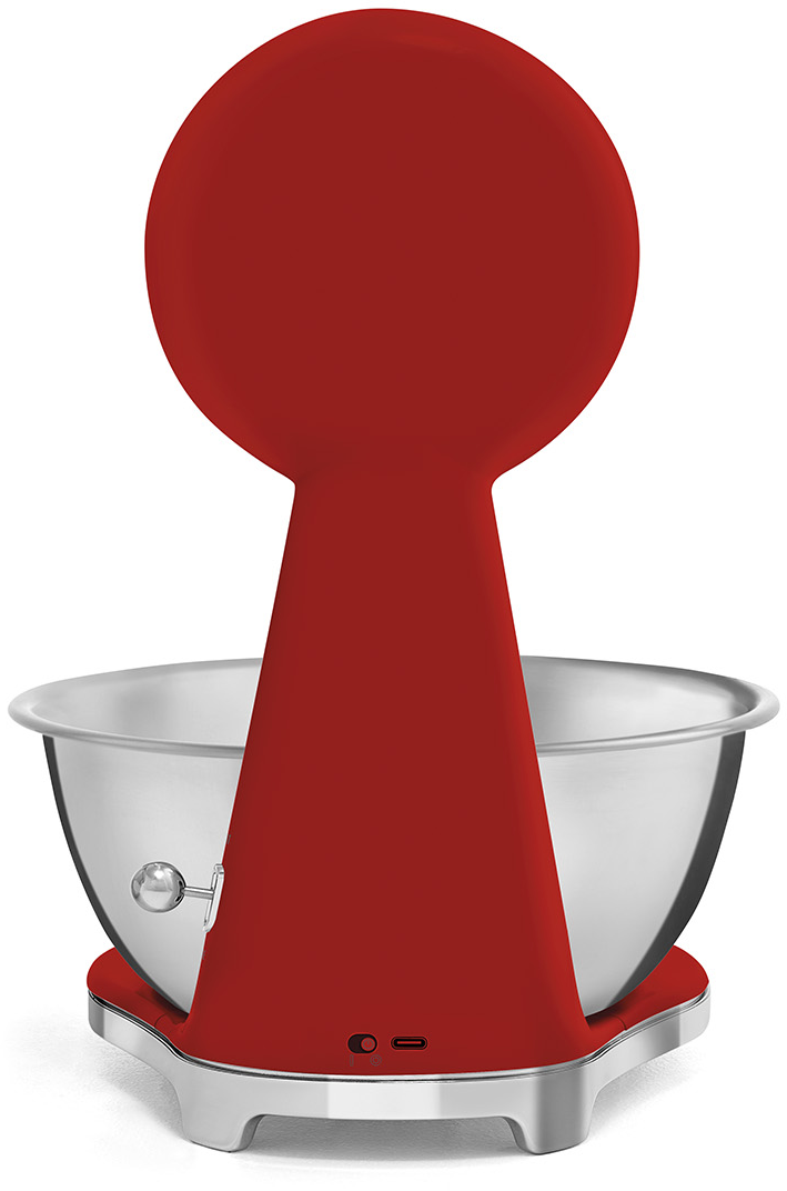 Roter Küchenmixer mit Edelstahlschüssel. Von hinten gesehen, Nahaufnahme.