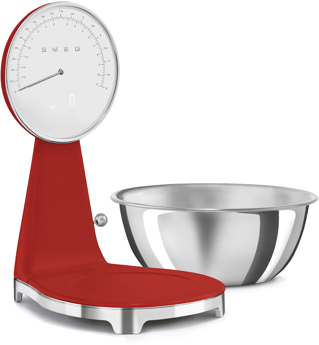 Rote Smeg Küchenwaage mit einer Schüssel.