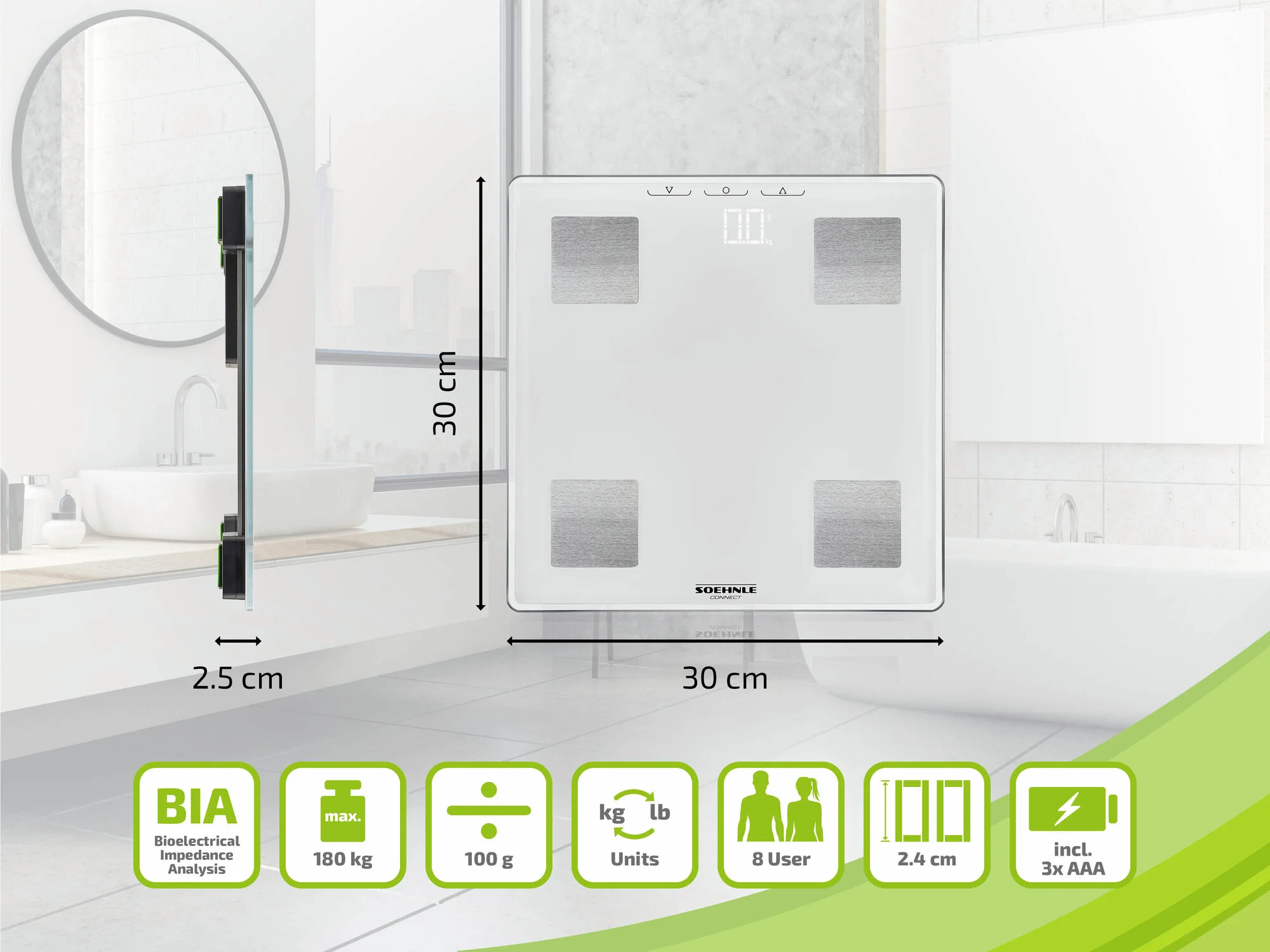 Balance numérique blanche sur comptoir salle de bain. Affiche des lectures, avec icônes et étiquettes.
