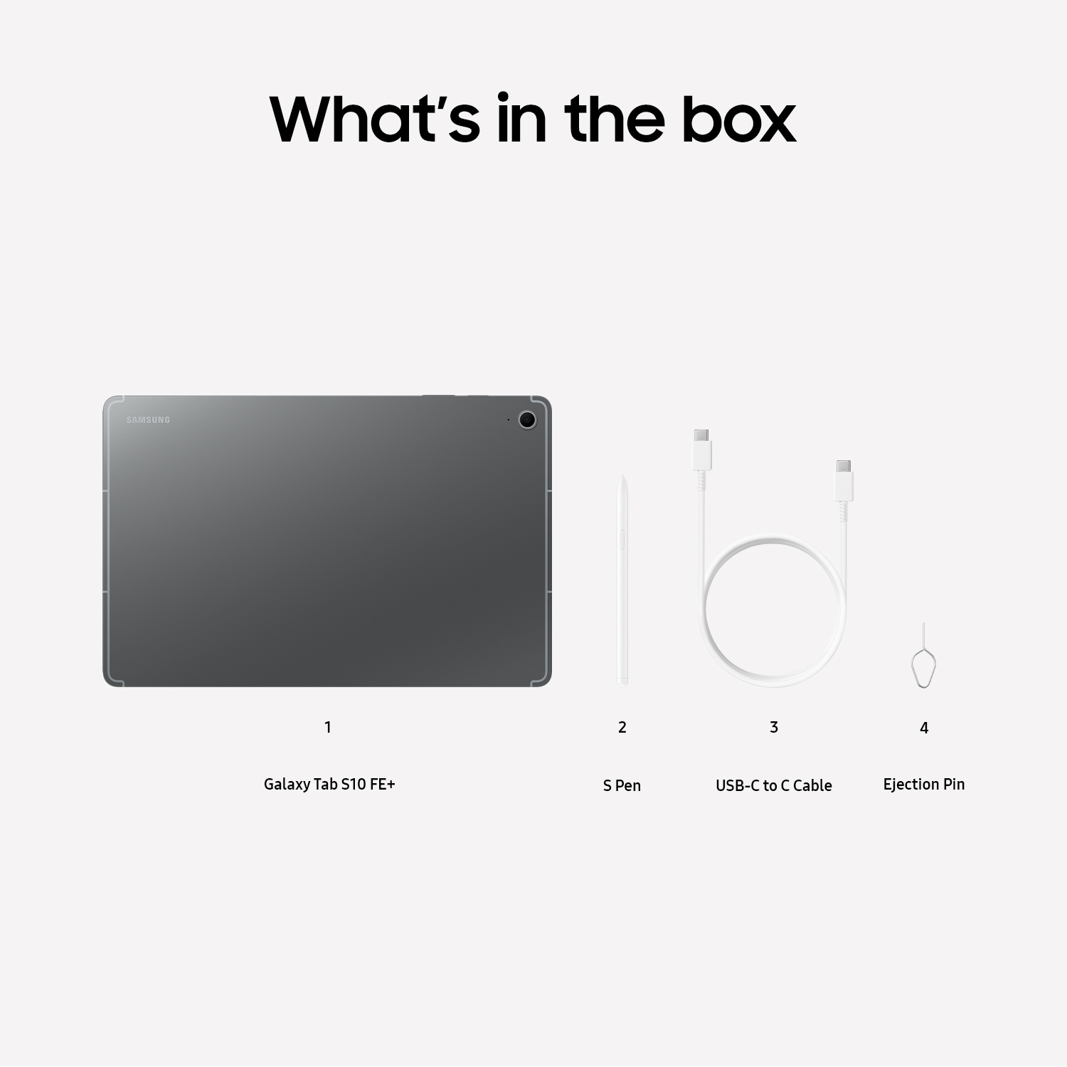 Tablet, S Pen, USB-C naar C-kabel en uitwerppin op witte achtergrond.