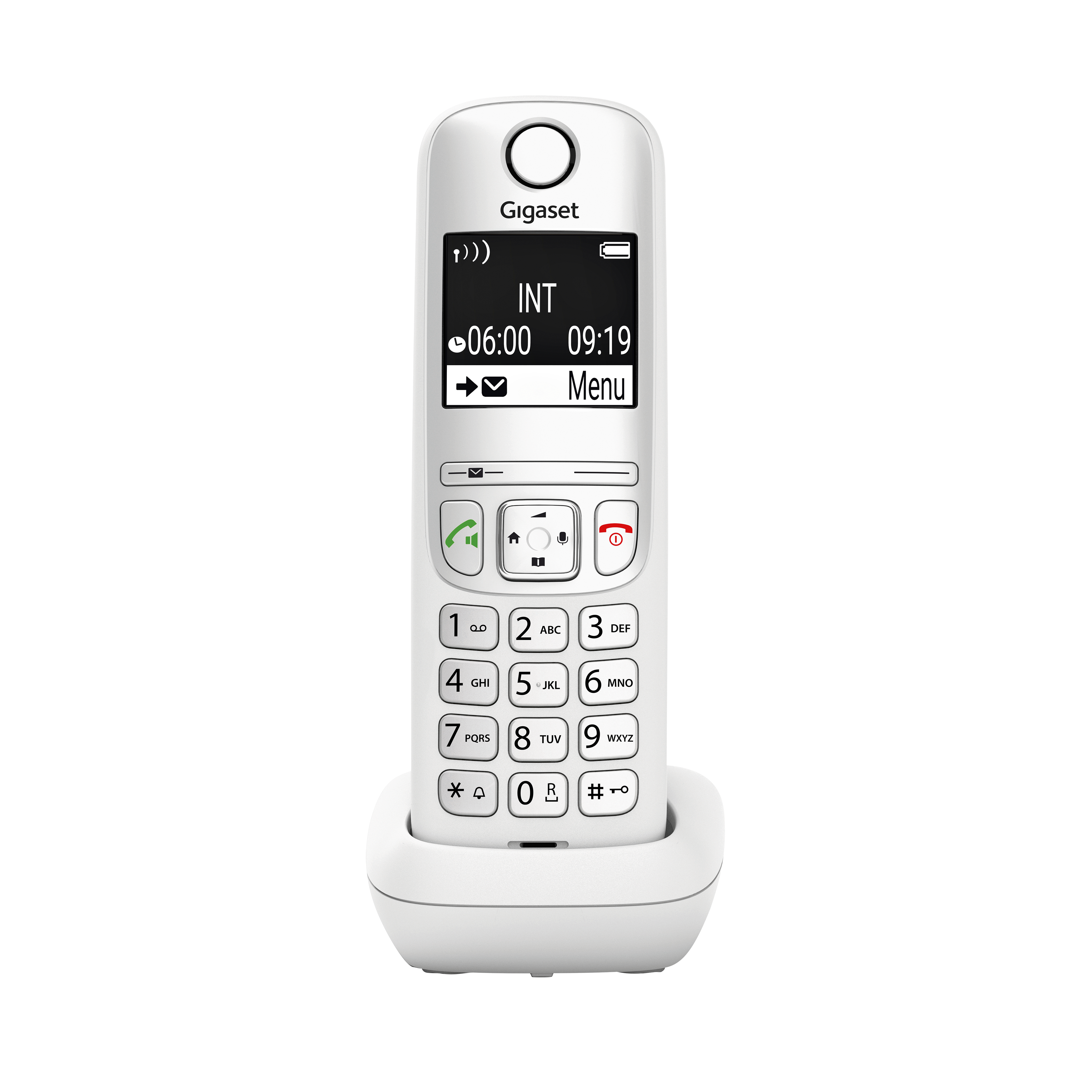 Ein weißes Gigaset-Telefon in seiner Basis. Der Bildschirm zeigt die Uhrzeit und eine Menüoption.
