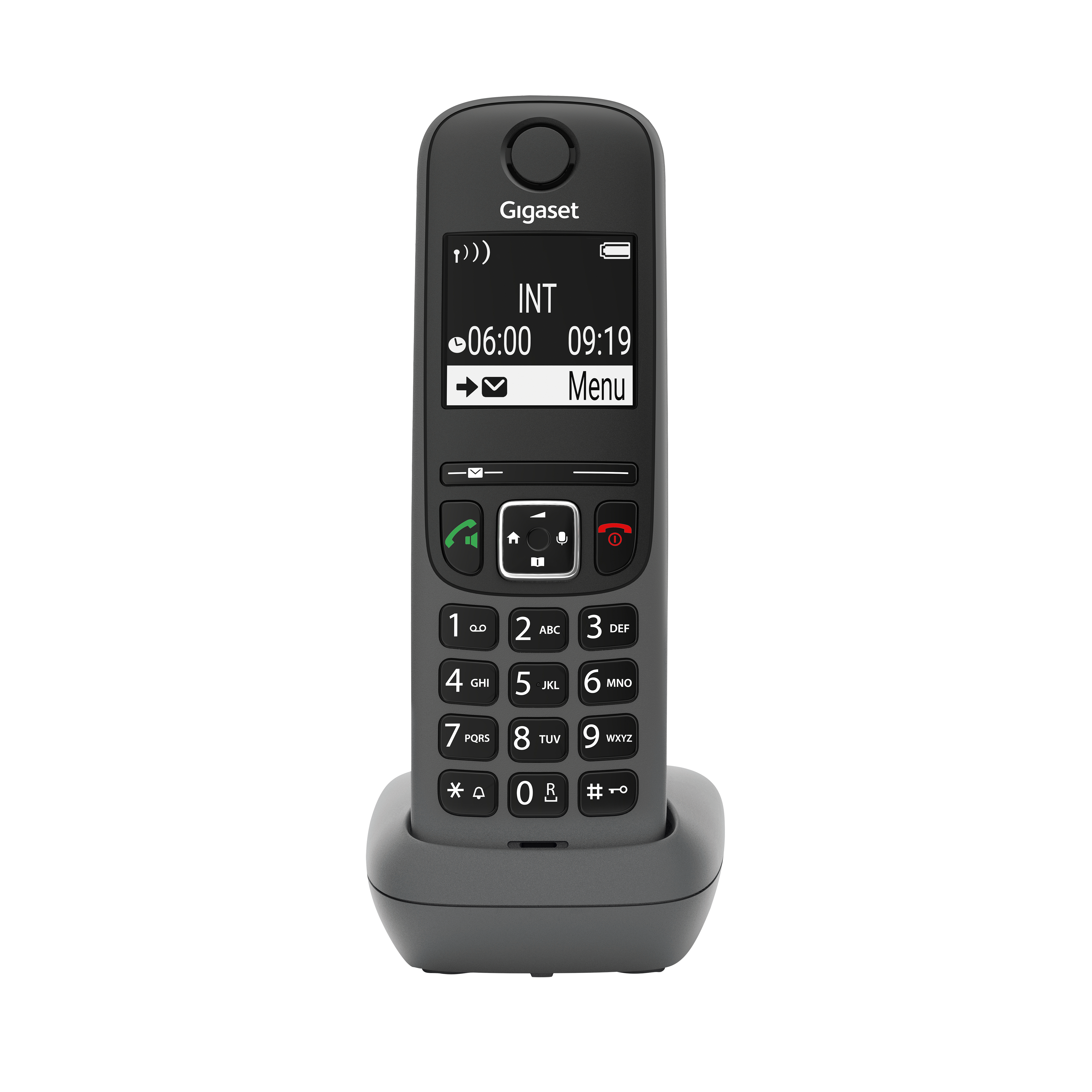 Dunkelgraues Telefon mit Tasten auf Ladegerät auf weißer Oberfläche.
