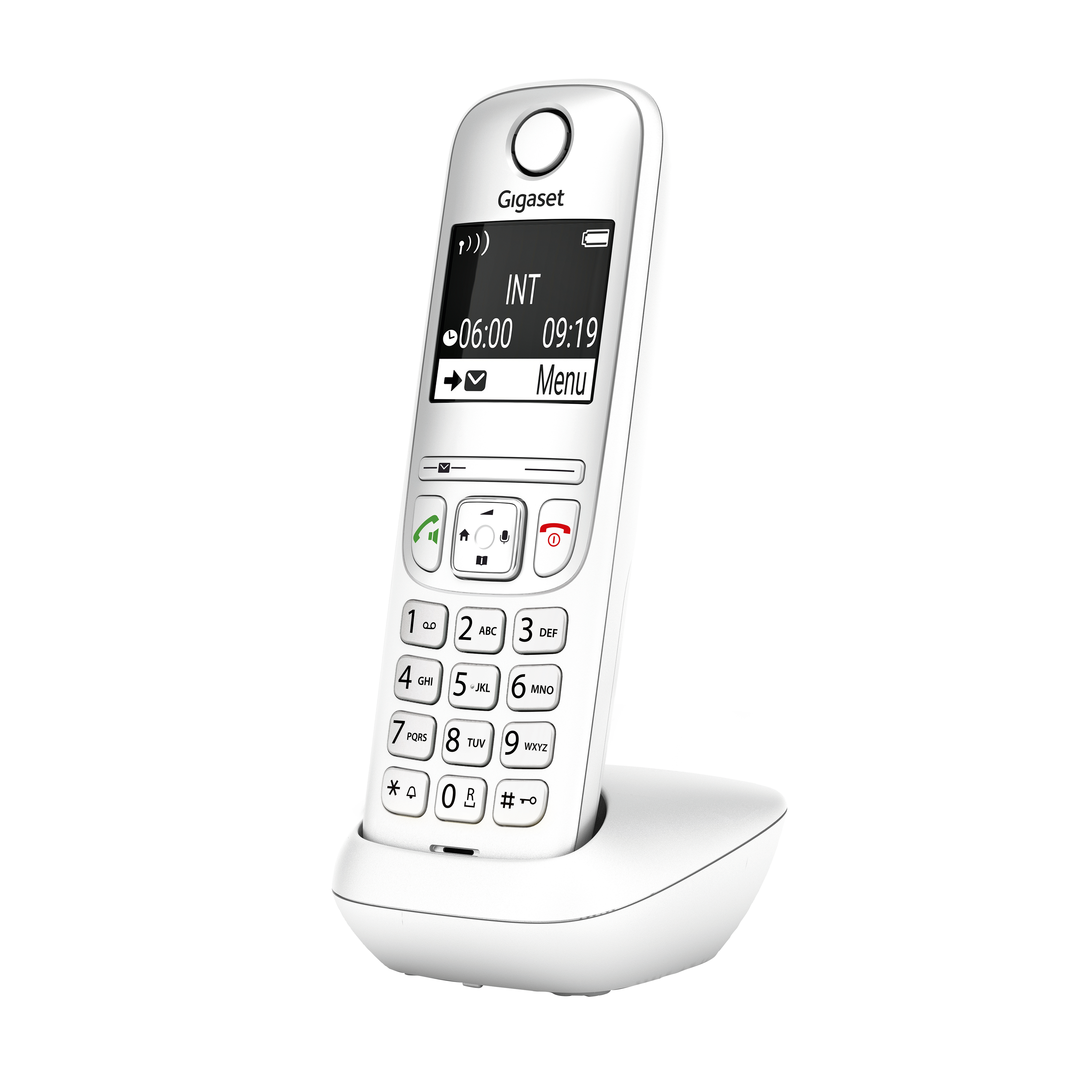 Ein weißes schnurloses Gigaset-Telefon auf seiner Basis. Der Bildschirm zeigt die Uhrzeit und das Telefon hat Tasten.