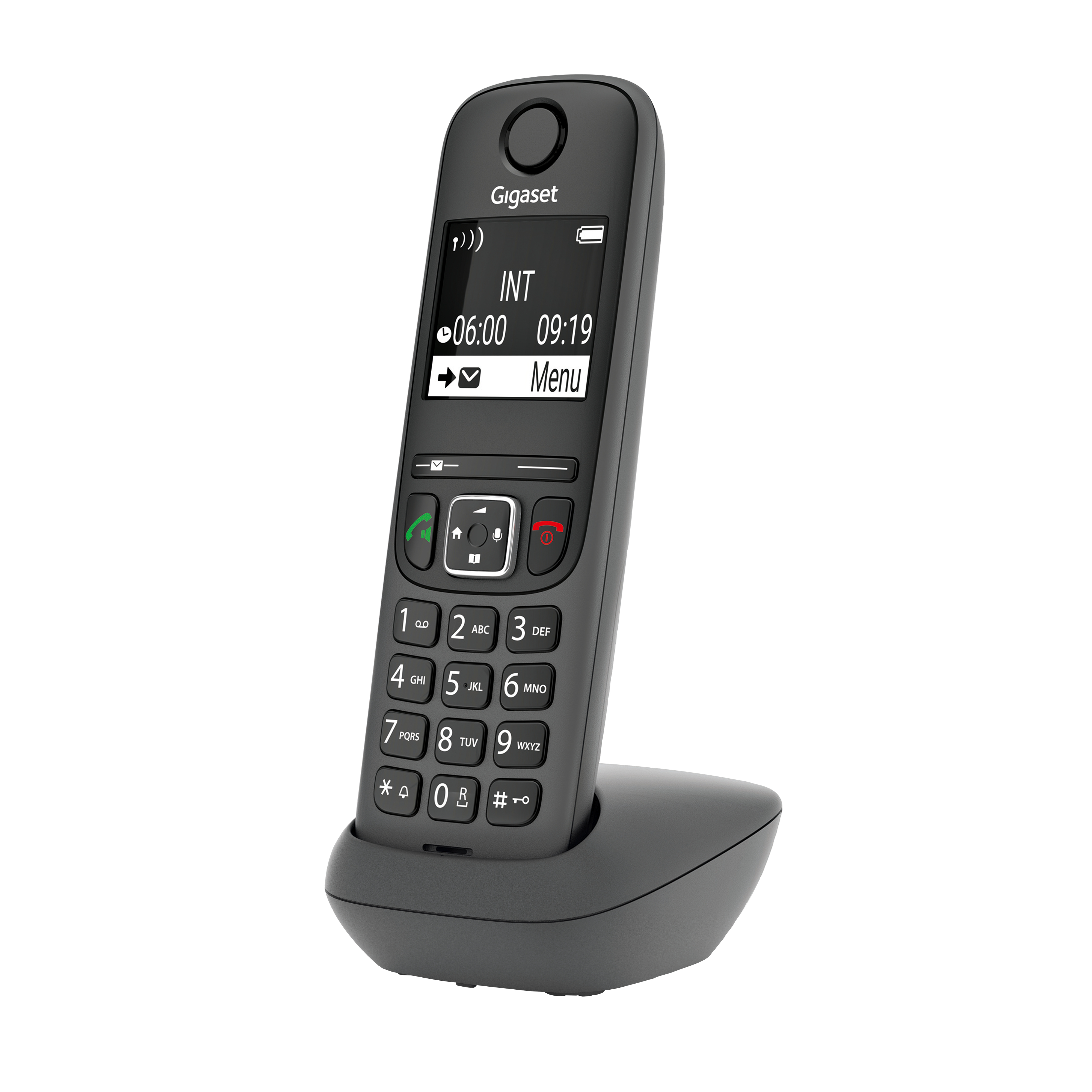 Ein schwarzes Gigaset Schnurlostelefon mit Digitalanzeige und Ladestation, isoliert.