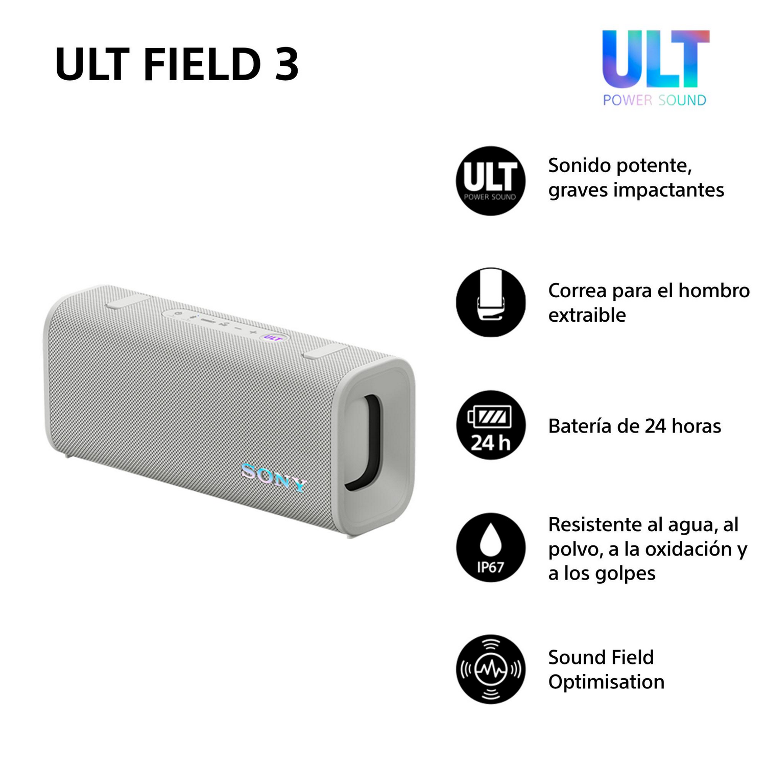 Un altavoz blanco con botones y un asa. El texto de la imagen está en español.