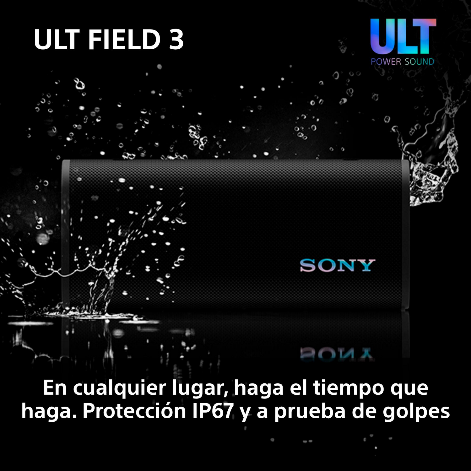 Un altavoz negro con salpicaduras de agua. La marca SONY es visible en la parte frontal.