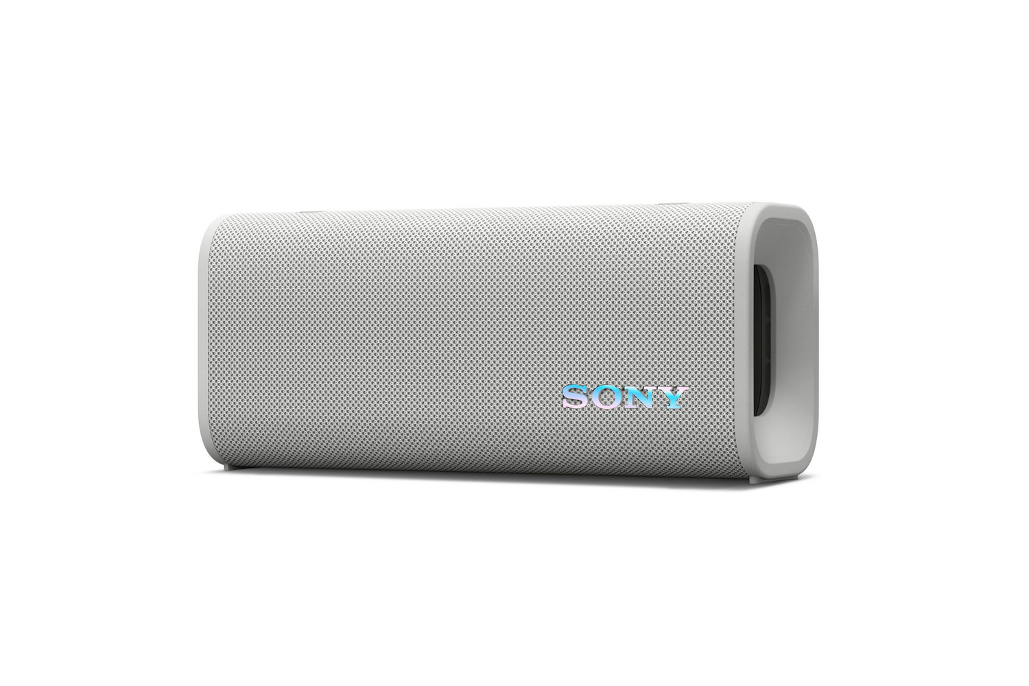 Un altavoz Sony blanco y gris. La palabra "SONY" es visible en la parte delantera.