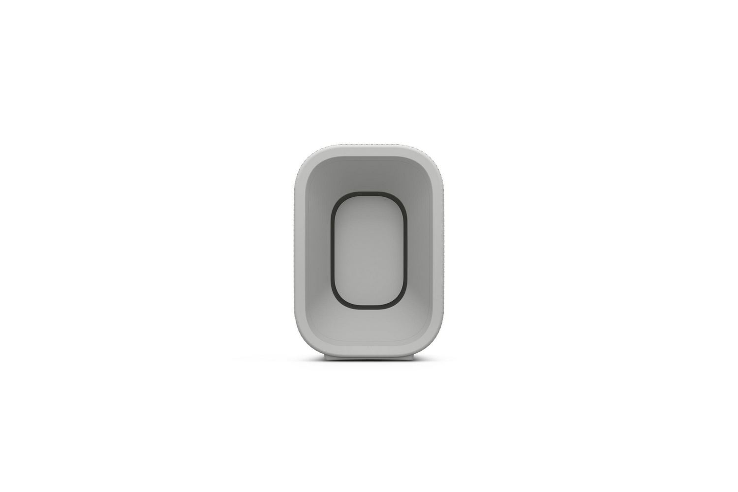 Un altavoz rectangular gris con un interior negro.
