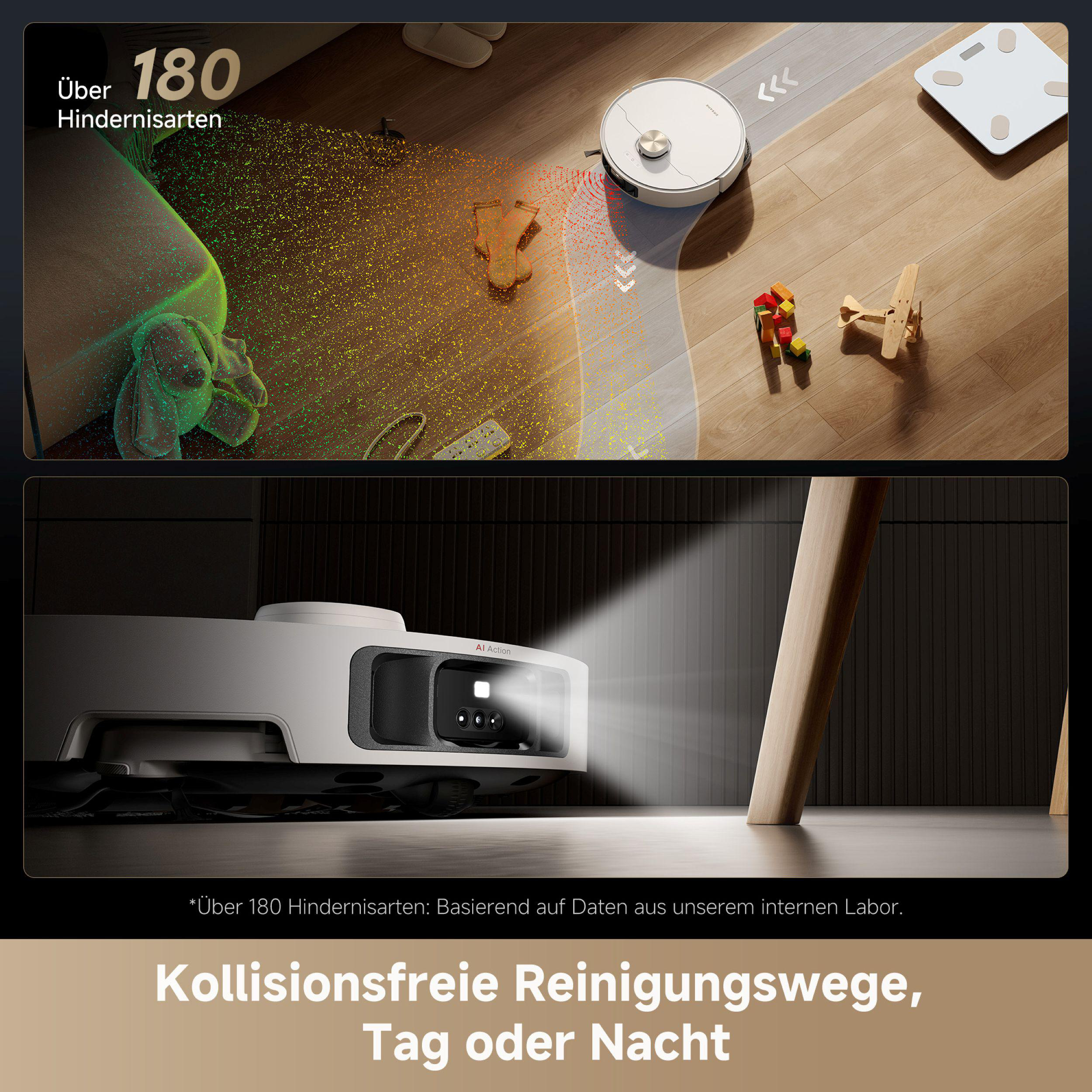 Roboter-Staubsauger reinigt einen Holzboden. Das Bild zeigt den Reiniger mit einer unteren Ansicht.