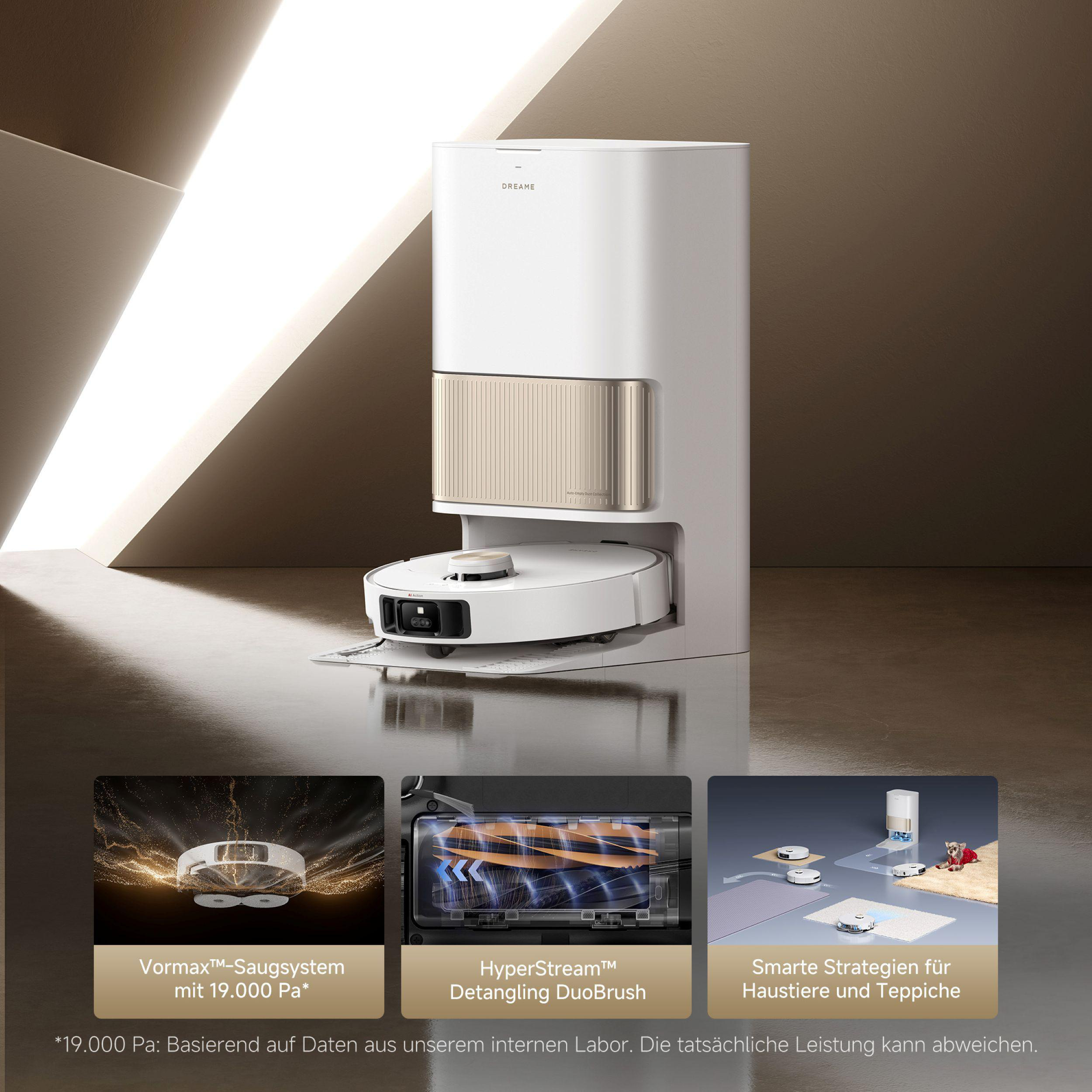 Eine weiße und goldene Reinigungsmaschine mit einem Roboterstaubsauger und drei kleineren Bildern.