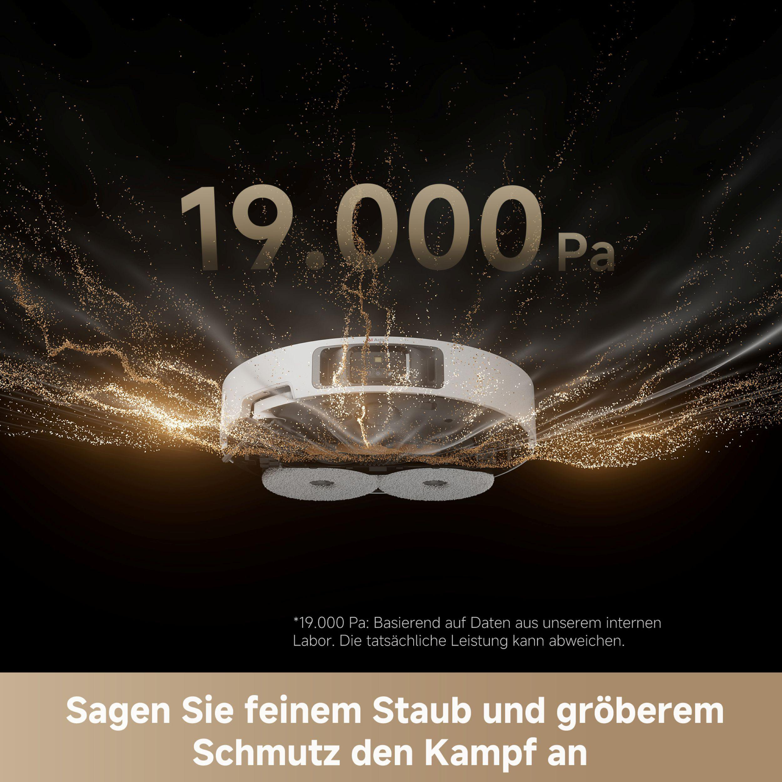 Ein weißer Roboter-Staubsauger auf dunklem Hintergrund. Er steht auf einer Oberfläche mit goldenen Partikeln, Text darüber.