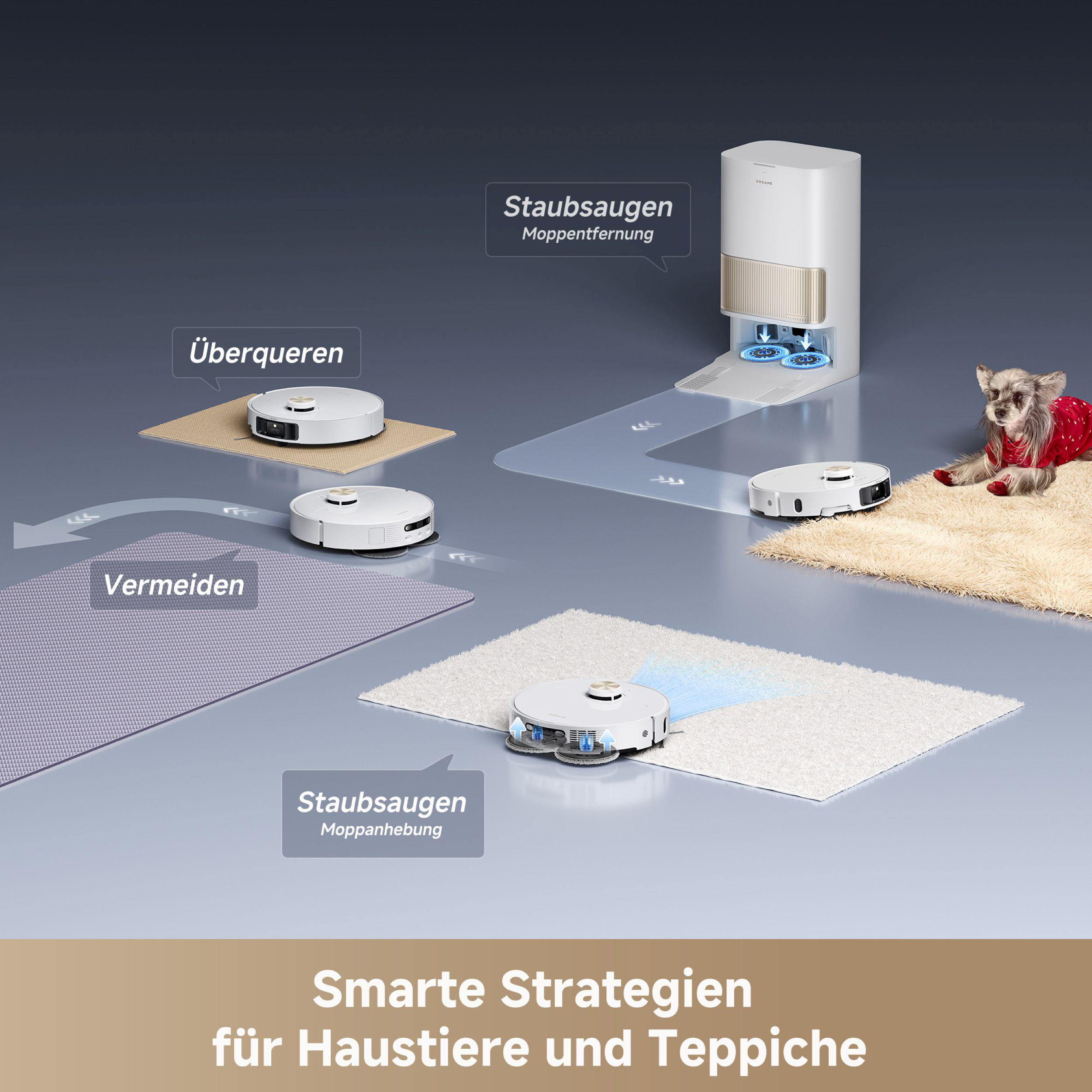 Eine Illustration zeigt einen Roboterstaubsauger, der einen Raum reinigt, mit einem Hund auf einem Teppich.