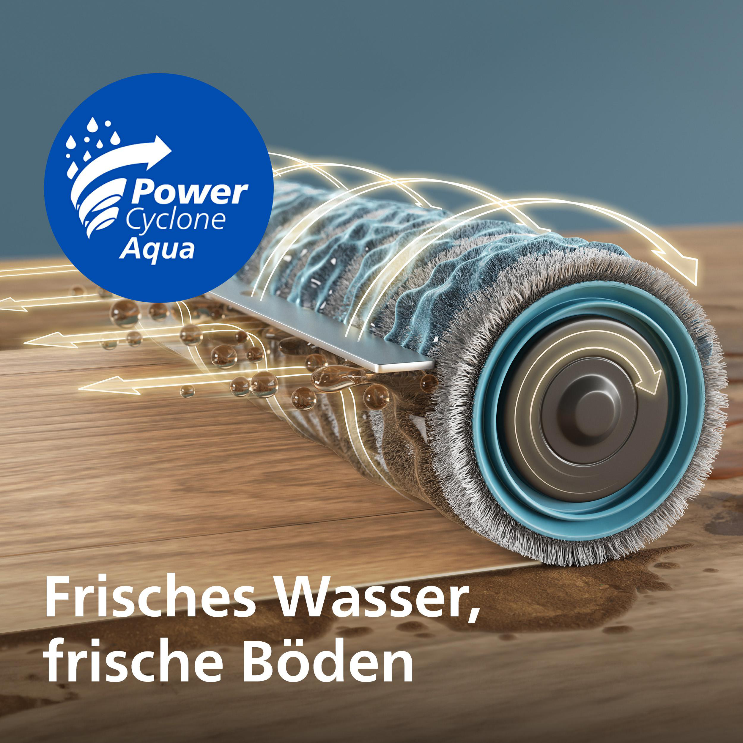 Nahaufnahme einer Walzenbürste mit Wassertropfen und Pfeil, die eine Reinigungsaktion andeuten.