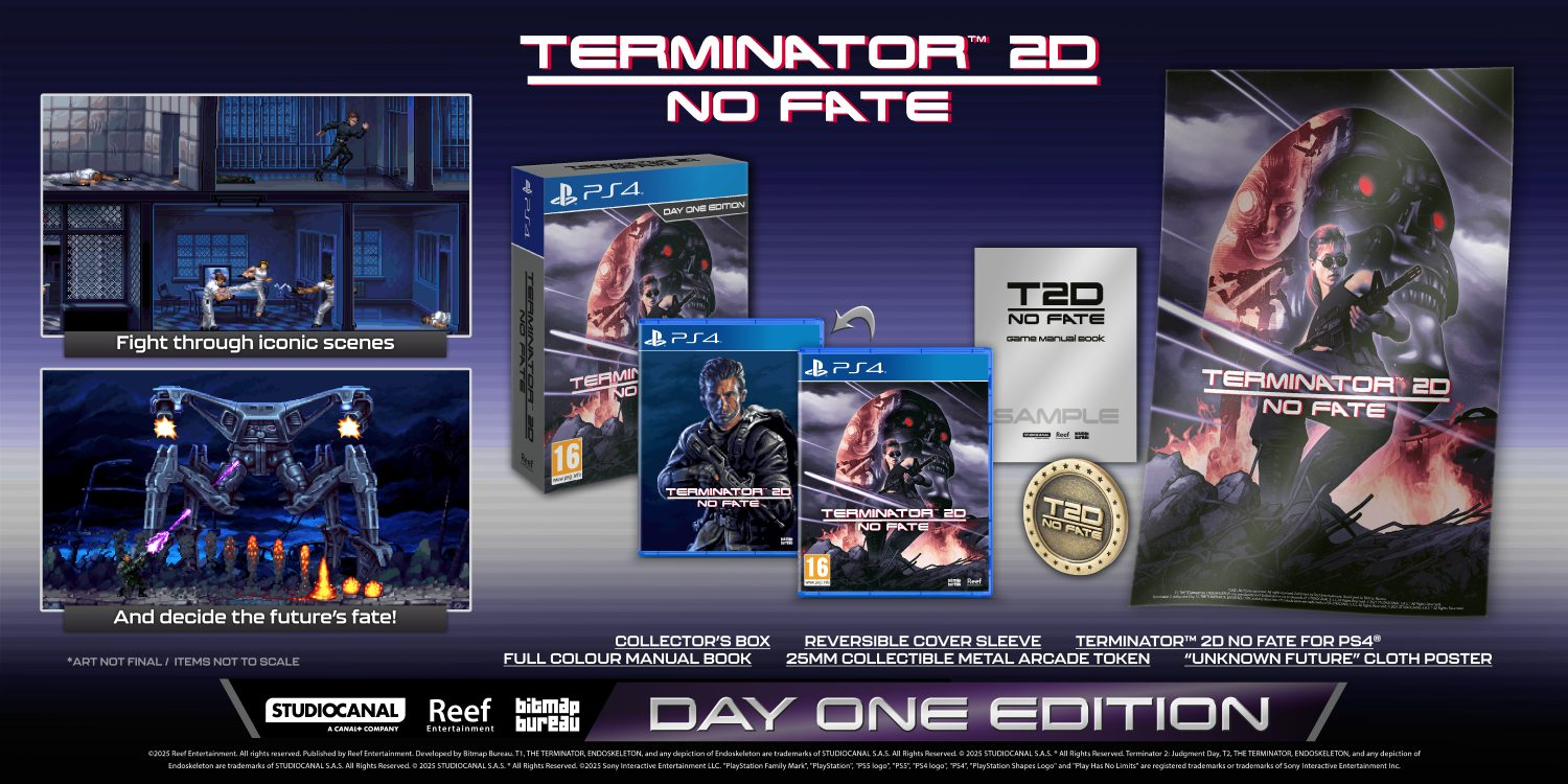Material promocional de Terminator 2D No Fate. Incluye carátula del juego, capturas de pantalla y objetos de colección.