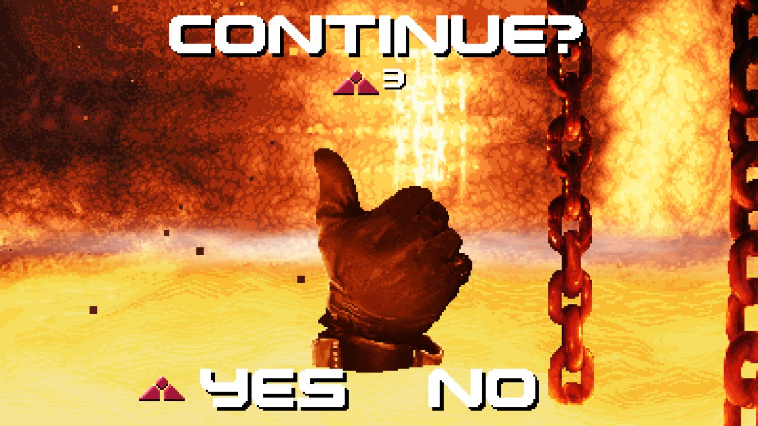 Pantalla de juego retro: "¿CONTINUAR?" con opciones sí/no, mano, cadenas.