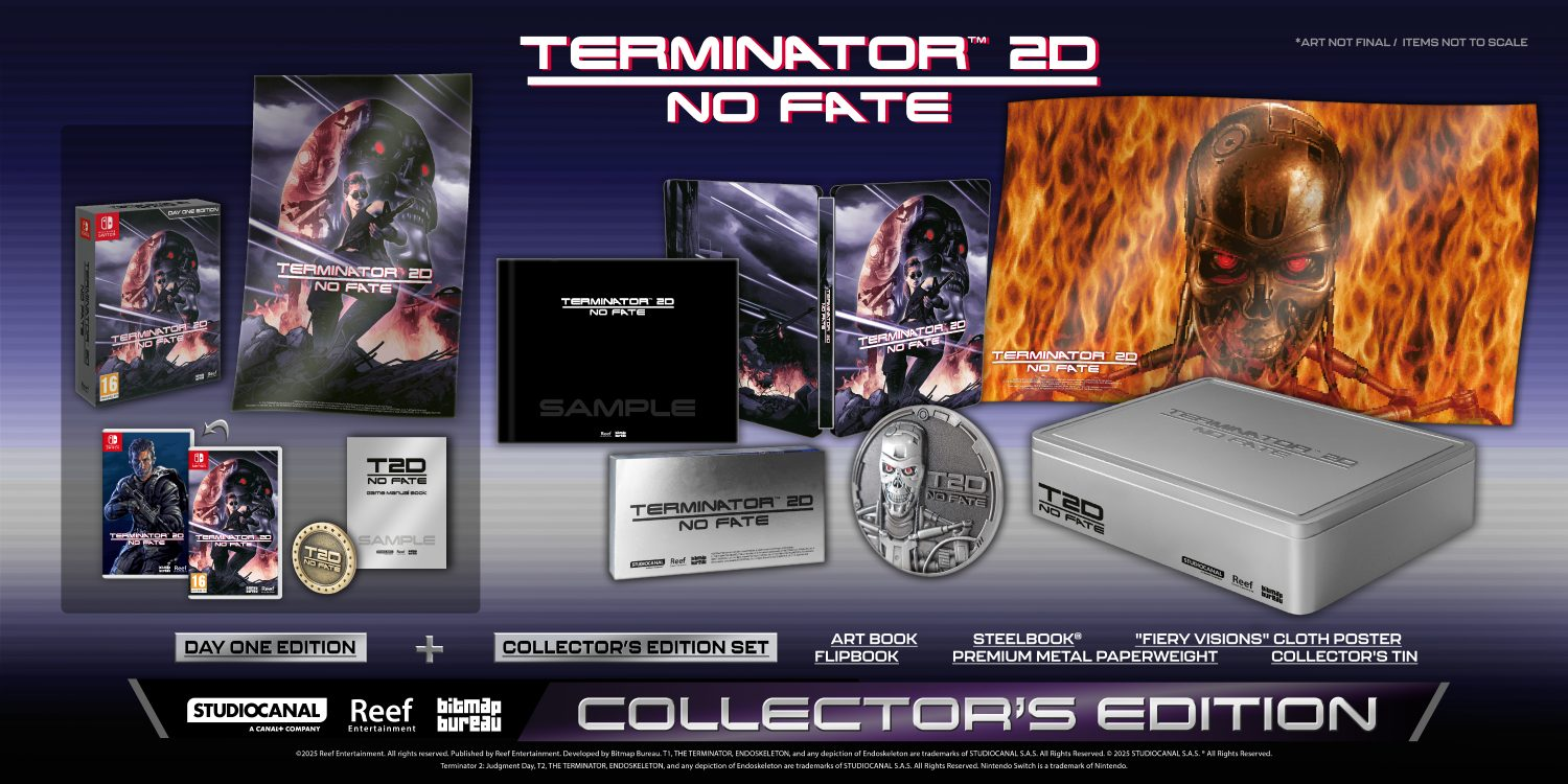 Edición coleccionista de Terminator 2D No Fate. Cajas, una moneda y un póster se muestran.