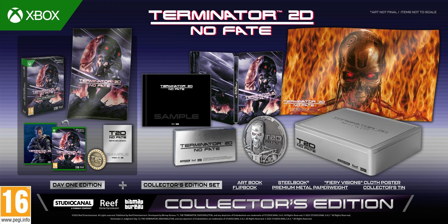 Material promocional de la edición coleccionista de Terminator 2D No Fate. Incluye caja del juego, libro de arte y otros elementos.