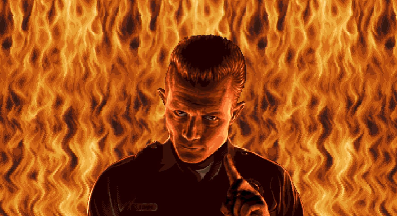 Terminator en fuego. Un hombre con pelo corto apunta con el dedo al espectador. Llamas en el fondo.