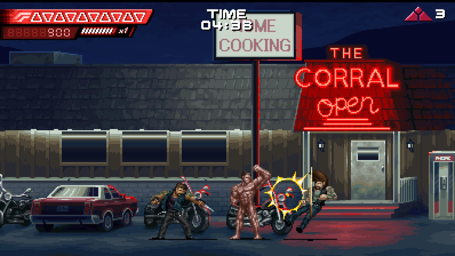 Escena de juego pixelada: una pelea afuera de un restaurante, con un coche y una moto.